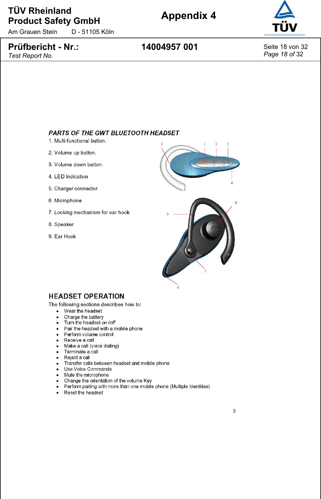 TÜV Rheinland  Product Safety GmbH Am Grauen Stein  D - 51105 Köln  Appendix 4  Prüfbericht - Nr.: Test Report No. 14004957 001  Seite 18 von 32 Page 18 of 32  