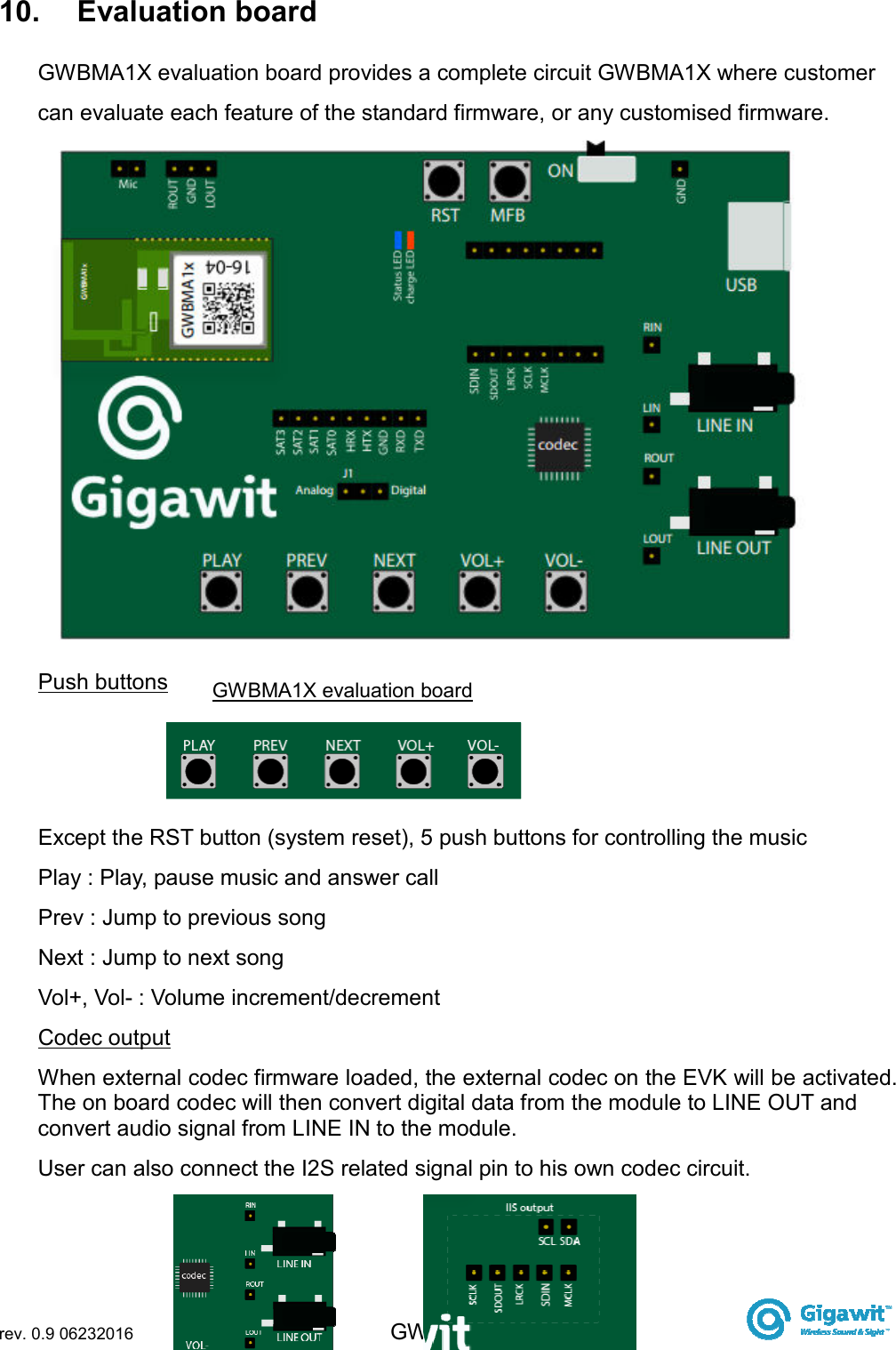  rev. 0.9 06232016 GWBMA1x   10.  Evaluation board GWBMA1X evaluation board provides a complete circuit GWBMA1X where customer  can evaluate each feature of the standard firmware, or any customised firmware.  Push buttons Except the RST button (system reset), 5 push buttons for controlling the music Play : Play, pause music and answer call Prev : Jump to previous song Next : Jump to next song Vol+, Vol- : Volume increment/decrement Codec output When external codec firmware loaded, the external codec on the EVK will be activated. The on board codec will then convert digital data from the module to LINE OUT and convert audio signal from LINE IN to the module.  User can also connect the I2S related signal pin to his own codec circuit. GWBMA1X evaluation board 