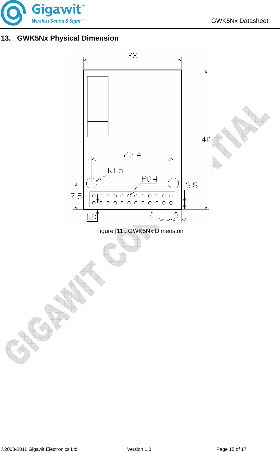                               ©2008-2011 Gigawit Electronics Ltd.                    Version 1.0                           Page 15 of 17  GWK5Nx Datasheet   13.   GWK5Nx Physical Dimension  Figure [11]: GWK5Nx Dimension 