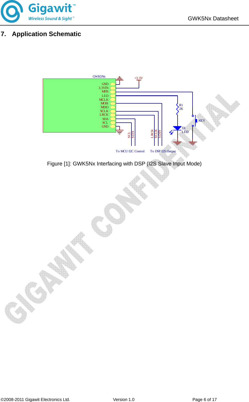                               ©2008-2011 Gigawit Electronics Ltd.                    Version 1.0                           Page 6 of 17  GWK5Nx Datasheet   7. Application Schematic  R12KLRCKSCLKSDINSDASCLTo DSP I2S OutputGND3.3VINMFBLEDSCLSDAMOSISCLKMCLKLRCKGNDMISOGWK5NxKEYD1LED+3. 3VTo MCU I2C Control  Figure [1]: GWK5Nx Interfacing with DSP (I2S Slave Input Mode) 