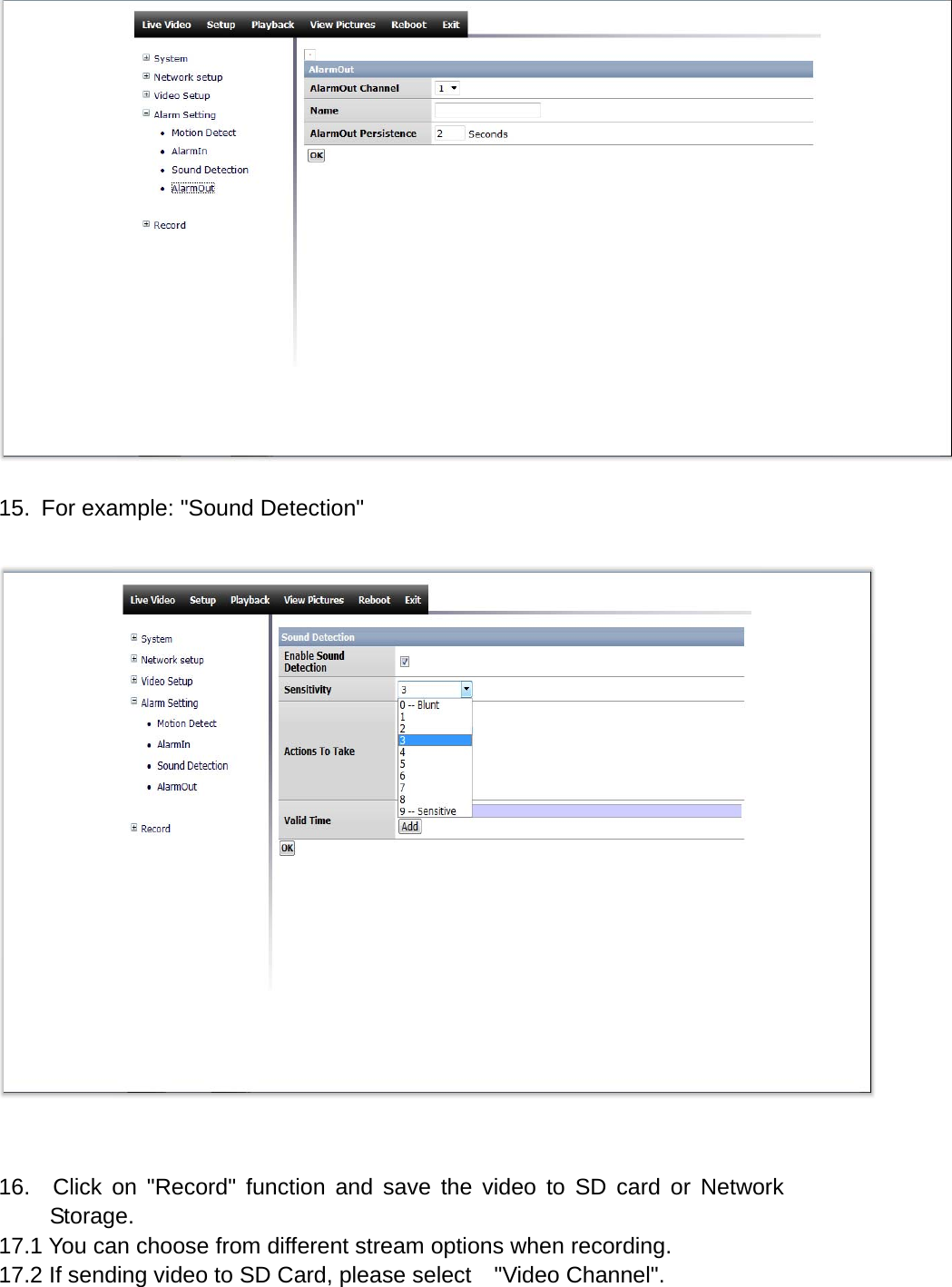  15.  For example: "Sound Detection"     16.  Click on "Record" function and save the video to SD card or Network Storage. 17.1 You can choose from different stream options when recording. 17.2 If sending video to SD Card, please select    "Video Channel". 