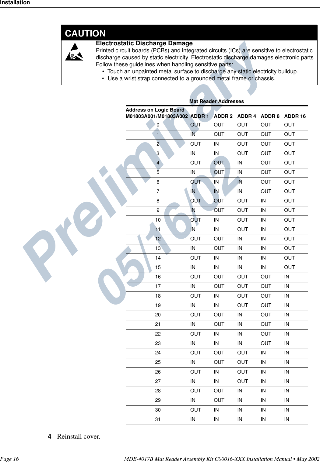 Preliminary  05/16/02InstallationPage 16 MDE-4017B Mat Reader Assembly Kit C00016-XXX Installation Manual • May 20024Reinstall cover.Mat Reader AddressesAddress on Logic Board M01803A001/M01803A002 ADDR 1 ADDR 2 ADDR 4 ADDR 8 ADDR 160 OUT OUT OUT OUT OUT1 IN OUT OUT OUT OUT2 OUT IN OUT OUT OUT3 ININOUTOUTOUT4 OUT OUT IN OUT OUT5 IN OUT IN OUT OUT6 OUT IN IN OUT OUT7 INININOUTOUT8 OUT OUT OUT IN OUT9 IN OUT OUT IN OUT10 OUT IN OUT IN OUT11 IN IN OUT IN OUT12 OUT OUT IN IN OUT13 IN OUT IN IN OUT14 OUTINININOUT15 IN IN IN IN OUT16 OUT OUT OUT OUT IN17 IN OUT OUT OUT IN18 OUT IN OUT OUT IN19 IN IN OUT OUT IN20 OUT OUT IN OUT IN21 IN OUT IN OUT IN22 OUTININOUTIN23 IN IN IN OUT IN24 OUT OUT OUT IN IN25 IN OUT OUT IN IN26 OUT IN OUT IN IN27 IN IN OUT IN IN28 OUT OUT IN IN IN29 IN OUT IN IN IN30 OUTININININ31 IN IN IN IN INElectrostatic Discharge DamagePrinted circuit boards (PCBs) and integrated circuits (ICs) are sensitive to electrostatic discharge caused by static electricity. Electrostatic discharge damages electronic parts.Follow these guidelines when handling sensitive parts:•Touch an unpainted metal surface to discharge any static electricity buildup.•Use a wrist strap connected to a grounded metal frame or chassis.  CAUTION