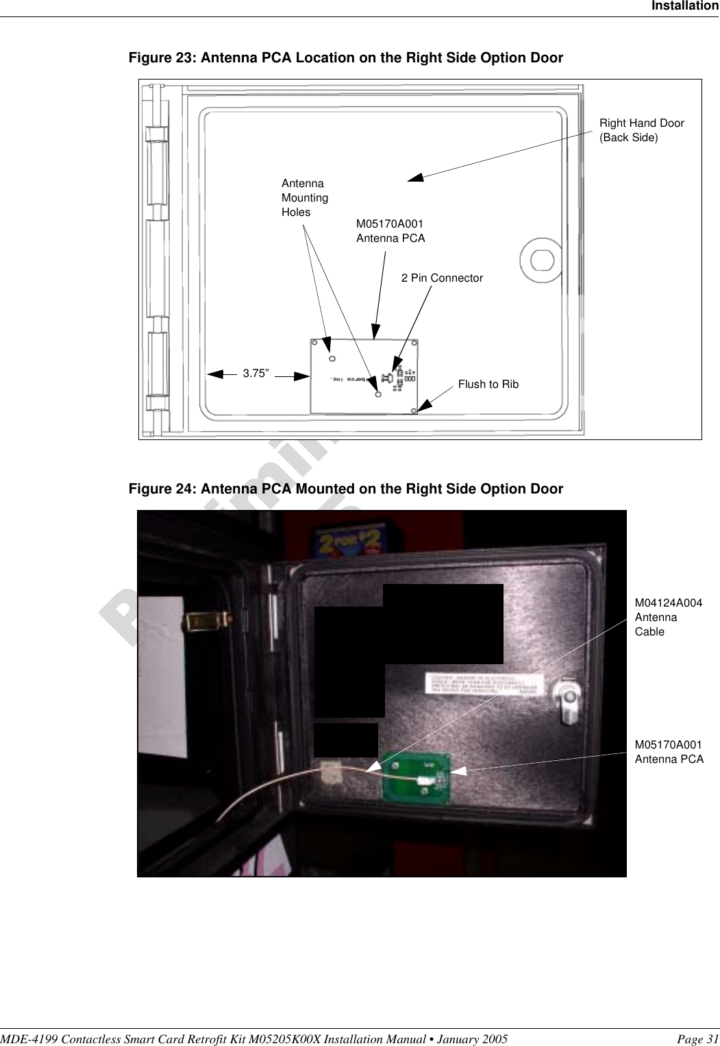 MDE-4199 Contactless Smart Card Retrofit Kit M05205K00X Installation Manual • January 2005 Page 31InstallationFigure 23: Antenna PCA Location on the Right Side Option DoorFigure 24: Antenna PCA Mounted on the Right Side Option DoorM05170A001Antenna PCAAntenna Mounting Holes2 Pin ConnectorRight Hand Door(Back Side)3.75”Flush to RibM04124A004 Antenna CableM05170A001Antenna PCA