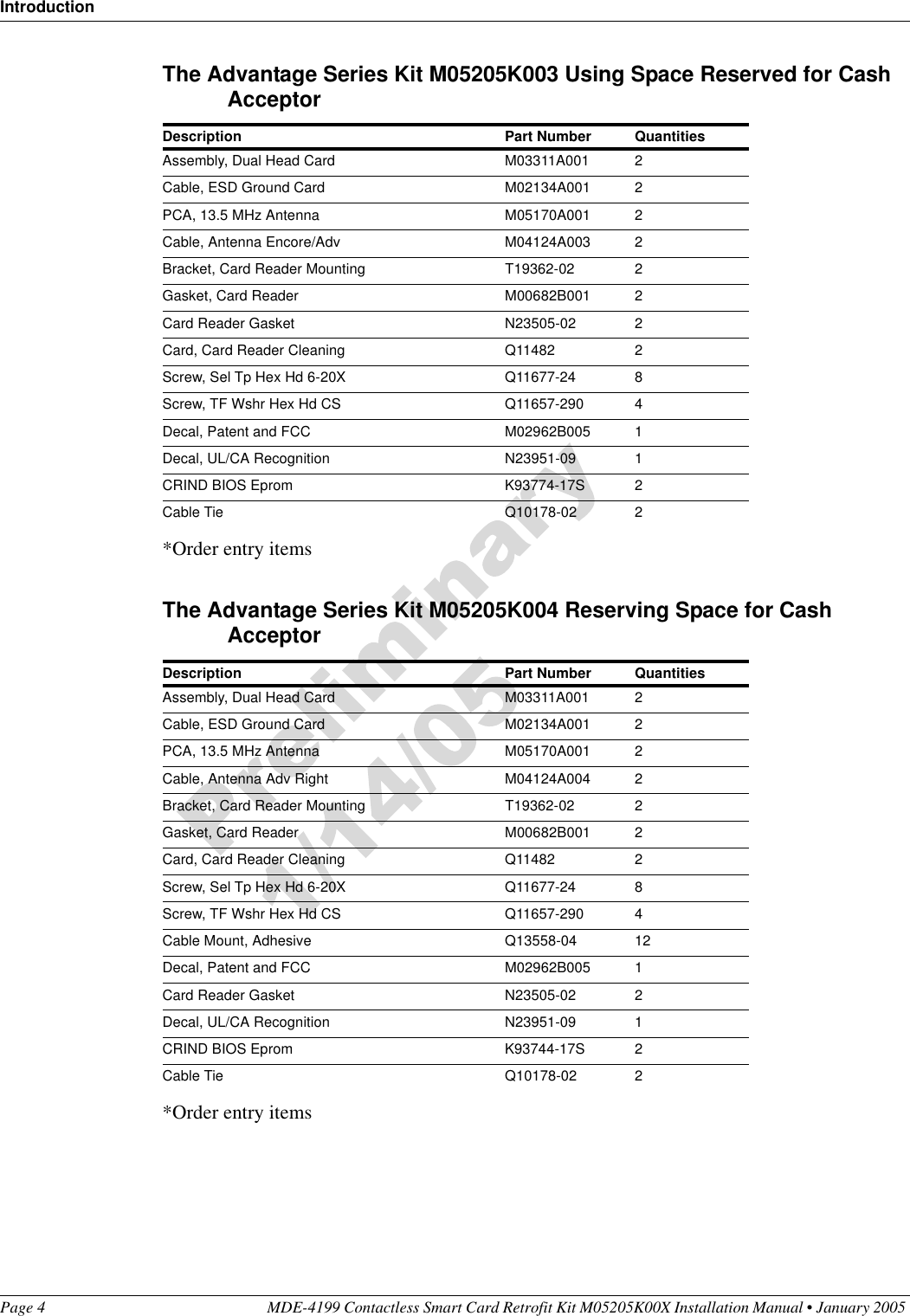 IntroductionPage 4 MDE-4199 Contactless Smart Card Retrofit Kit M05205K00X Installation Manual • January 2005 The Advantage Series Kit M05205K003 Using Space Reserved for Cash Acceptor*Order entry itemsThe Advantage Series Kit M05205K004 Reserving Space for Cash Acceptor *Order entry itemsDescription Part Number Quantities Assembly, Dual Head Card M03311A001 2Cable, ESD Ground Card M02134A001 2PCA, 13.5 MHz Antenna M05170A001 2Cable, Antenna Encore/Adv M04124A003 2Bracket, Card Reader Mounting T19362-02 2Gasket, Card Reader M00682B001 2Card Reader Gasket N23505-02 2Card, Card Reader Cleaning Q11482 2Screw, Sel Tp Hex Hd 6-20X Q11677-24 8Screw, TF Wshr Hex Hd CS Q11657-290 4Decal, Patent and FCC M02962B005 1Decal, UL/CA Recognition N23951-09 1CRIND BIOS Eprom K93774-17S 2Cable Tie Q10178-02 2Description Part Number Quantities Assembly, Dual Head Card M03311A001 2Cable, ESD Ground Card M02134A001 2PCA, 13.5 MHz Antenna M05170A001 2Cable, Antenna Adv Right M04124A004 2Bracket, Card Reader Mounting T19362-02 2Gasket, Card Reader M00682B001 2Card, Card Reader Cleaning Q11482 2Screw, Sel Tp Hex Hd 6-20X Q11677-24 8Screw, TF Wshr Hex Hd CS Q11657-290 4Cable Mount, Adhesive Q13558-04 12Decal, Patent and FCC M02962B005 1Card Reader Gasket N23505-02 2Decal, UL/CA Recognition N23951-09 1CRIND BIOS Eprom K93744-17S 2Cable Tie Q10178-02 2