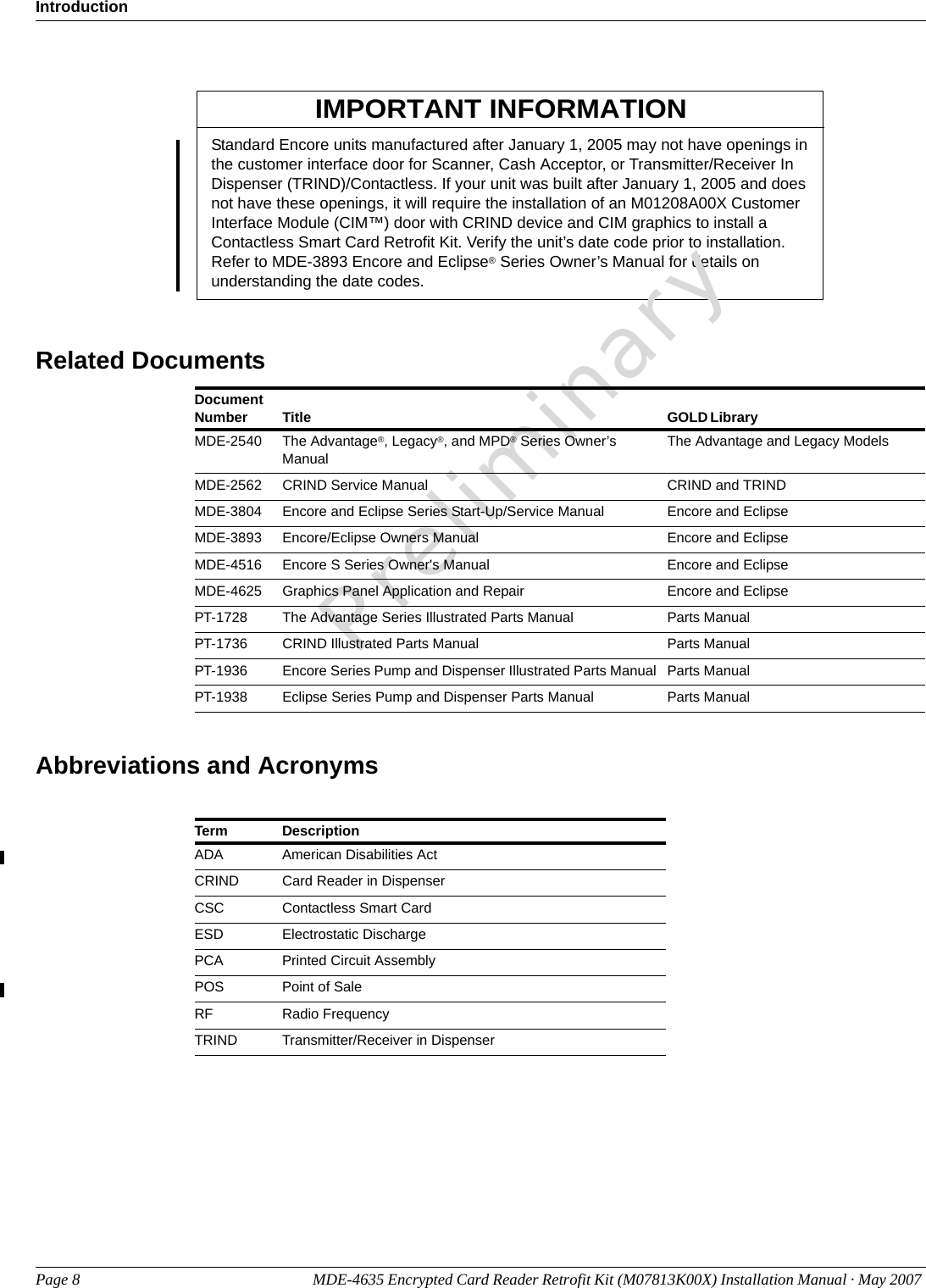 Standard Encore units manufactured after January 1, 2005 may not have openings in the customer interface door for Scanner, Cash Acceptor, or Transmitter/Receiver In Dispenser (TRIND)/Contactless. If your unit was built after January 1, 2005 and does not have these openings, it will require the installation of an M01208A00X Customer Interface Module (CIM™) door with CRIND device and CIM graphics to install a Contactless Smart Card Retrofit Kit. Verify the unit’s date code prior to installation. Refer to MDE-3893 Encore and Eclipse® Series Owner’s Manual for details on understanding the date codes.IMPORTANT INFORMATIONIntroductionPage 8 MDE-4635 Encrypted Card Reader Retrofit Kit (M07813K00X) Installation Manual · May 2007 PreliminaryRelated DocumentsDocument Number Title GOLD LibraryMDE-2540 The Advantage®, Legacy®, and MPD® Series Owner’s ManualThe Advantage and Legacy ModelsMDE-2562 CRIND Service Manual CRIND and TRINDMDE-3804 Encore and Eclipse Series Start-Up/Service Manual Encore and EclipseMDE-3893 Encore/Eclipse Owners Manual Encore and EclipseMDE-4516 Encore S Series Owner&apos;s Manual Encore and EclipseMDE-4625 Graphics Panel Application and Repair Encore and EclipsePT-1728 The Advantage Series Illustrated Parts Manual Parts ManualPT-1736  CRIND Illustrated Parts Manual Parts ManualPT-1936 Encore Series Pump and Dispenser Illustrated Parts Manual Parts ManualPT-1938 Eclipse Series Pump and Dispenser Parts Manual Parts ManualAbbreviations and AcronymsTerm DescriptionADA American Disabilities ActCRIND Card Reader in DispenserCSC Contactless Smart CardESD Electrostatic DischargePCA Printed Circuit AssemblyPOS Point of SaleRF Radio FrequencyTRIND Transmitter/Receiver in Dispenser