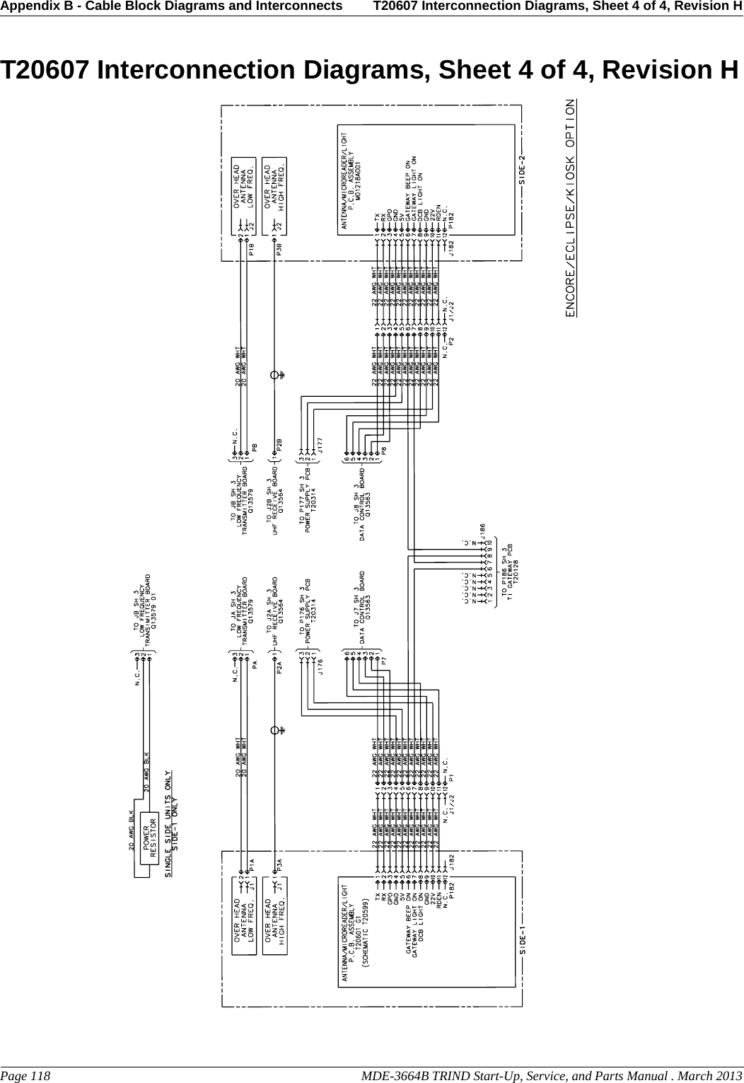 Appendix B - Cable Block Diagrams and Interconnects T20607 Interconnection Diagrams, Sheet 4 of 4, Revision HPage 118                                                                                                  MDE-3664B TRIND Start-Up, Service, and Parts Manual . March 2013PreliminaryT20607 Interconnection Diagrams, Sheet 4 of 4, Revision H