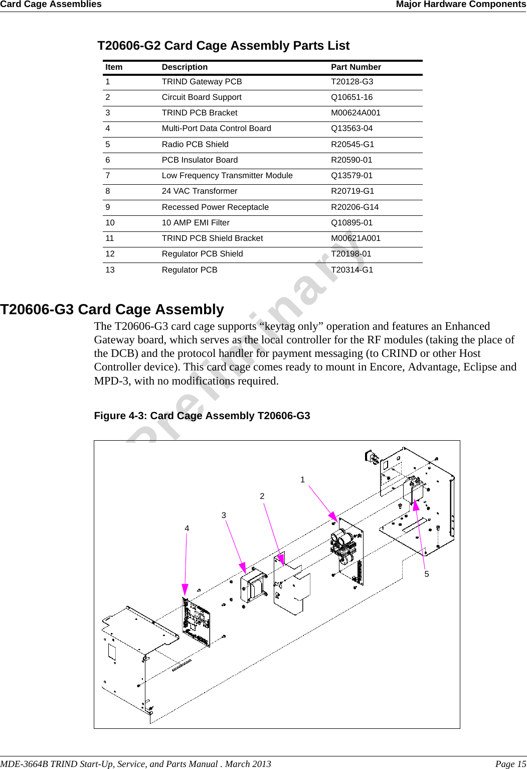 MDE-3664B TRIND Start-Up, Service, and Parts Manual . March 2013 Page 15Card Cage Assemblies Major Hardware ComponentsPreliminary T20606-G2 Card Cage Assembly Parts List Item Description Part Number1TRIND Gateway PCB T20128-G32Circuit Board Support Q10651-163TRIND PCB Bracket M00624A0014Multi-Port Data Control Board Q13563-045Radio PCB Shield R20545-G16PCB Insulator Board R20590-017Low Frequency Transmitter Module Q13579-01824 VAC Transformer R20719-G19Recessed Power Receptacle R20206-G1410 10 AMP EMI Filter Q10895-0111 TRIND PCB Shield Bracket M00621A00112 Regulator PCB Shield T20198-0113 Regulator PCB T20314-G1T20606-G3 Card Cage AssemblyThe T20606-G3 card cage supports “keytag only” operation and features an Enhanced Gateway board, which serves as the local controller for the RF modules (taking the place of the DCB) and the protocol handler for payment messaging (to CRIND or other Host Controller device). This card cage comes ready to mount in Encore, Advantage, Eclipse and MPD-3, with no modifications required. Figure 4-3: Card Cage Assembly T20606-G314253