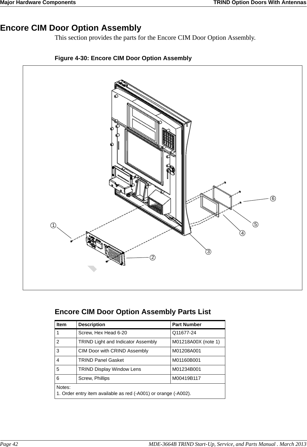 Major Hardware Components TRIND Option Doors With AntennasPage 42                                                                                                  MDE-3664B TRIND Start-Up, Service, and Parts Manual . March 2013PreliminaryEncore CIM Door Option AssemblyThis section provides the parts for the Encore CIM Door Option Assembly.Figure 4-30: 654321Encore CIM Door Option AssemblyEncore CIM Door Option Assembly Parts ListItem Description Part Number1Screw, Hex Head 6-20 Q11677-242TRIND Light and Indicator Assembly M01218A00X (note 1)3CIM Door with CRIND Assembly M01208A0014TRIND Panel Gasket M01160B0015TRIND Display Window Lens M01234B0016Screw, Phillips M00419B117Notes:1. Order entry item available as red (-A001) or orange (-A002).
