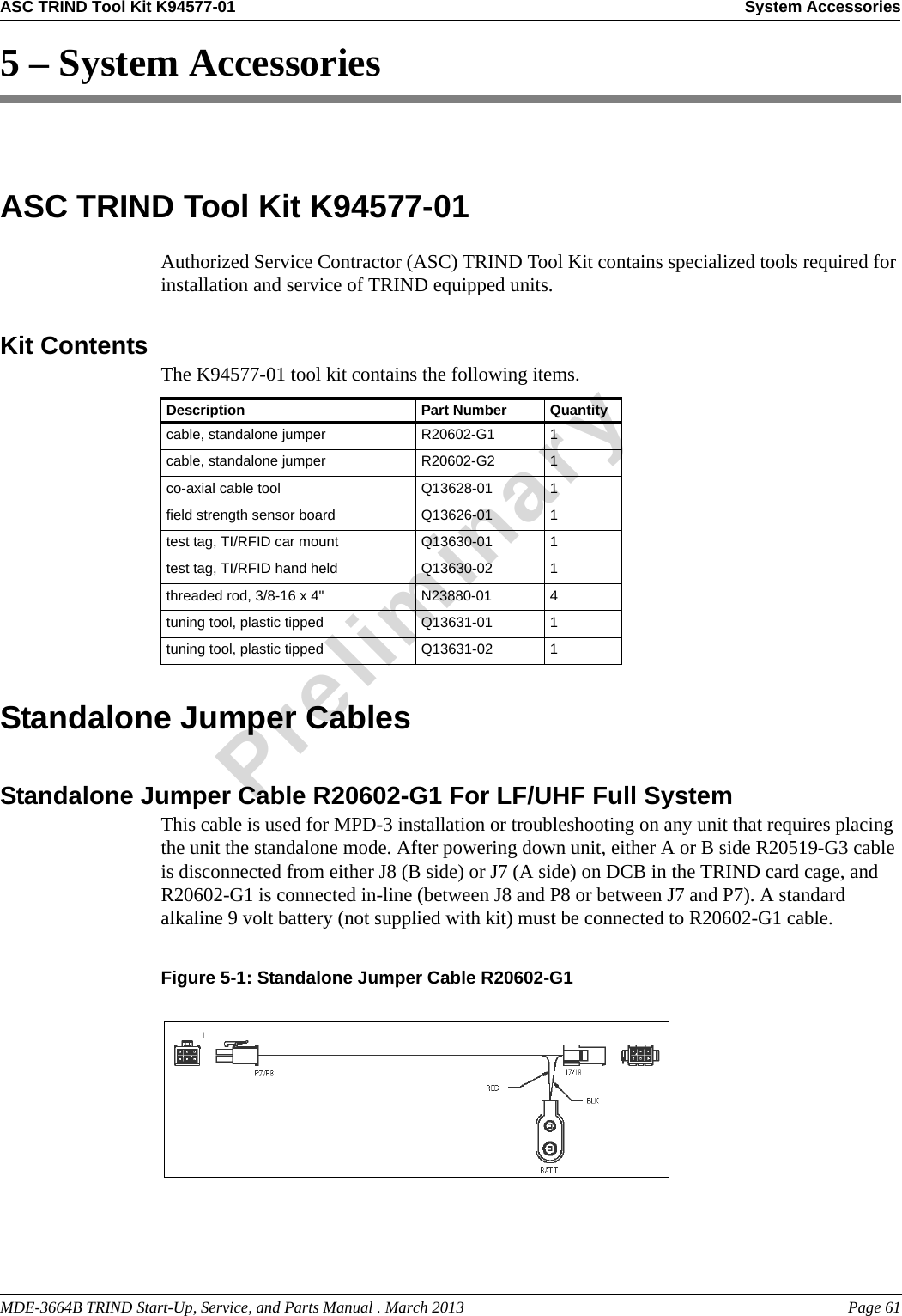 MDE-3664B TRIND Start-Up, Service, and Parts Manual . March 2013 Page 61ASC TRIND Tool Kit K94577-01 System AccessoriesPreliminary5 – System AccessoriesASC TRIND Tool Kit K94577-01Authorized Service Contractor (ASC) TRIND Tool Kit contains specialized tools required for installation and service of TRIND equipped units.Kit Contents The K94577-01 tool kit contains the following itemsDescription Part Number Quantity cable, standalone jumper R20602-G1 1cable, standalone jumper R20602-G2 1co-axial cable tool Q13628-01 1field strength sensor board Q13626-01 1test tag, TI/RFID car mount Q13630-01 1test tag, TI/RFID hand held Q13630-02 1threaded rod, 3/8-16 x 4&quot; N23880-01 4tuning tool, plastic tipped Q13631-01 1tuning tool, plastic tipped Q13631-02 1.Standalone Jumper CablesStandalone Jumper Cable R20602-G1 For LF/UHF Full SystemThis cable is used for MPD-3 installation or troubleshooting on any unit that requires placing the unit the standalone mode. After powering down unit, either A or B side R20519-G3 cable is disconnected from either J8 (B side) or J7 (A side) on DCB in the TRIND card cage, and R20602-G1 is connected in-line (between J8 and P8 or between J7 and P7). A standard alkaline 9 volt battery (not supplied with kit) must be connected to R20602-G1 cable.Figure 5-1: Standalone Jumper Cable R20602-G1 