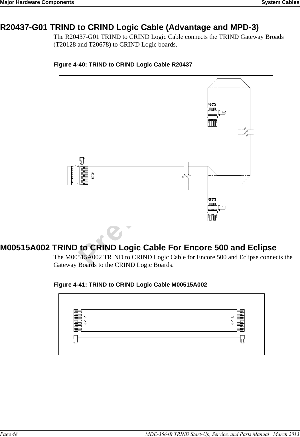 Major Hardware Components System CablesPage 48                                                                                                  MDE-3664B TRIND Start-Up, Service, and Parts Manual . March 2013PreliminaryR20437-G01 TRIND to CRIND Logic Cable (Advantage and MPD-3)The R20437-G01 TRIND to CRIND Logic Cable connects the TRIND Gateway Broads (T20128 and T20678) to CRIND Logic boards.Figure 4-40: TRIND to CRIND Logic Cable R20437M00515A002 TRIND to CRIND Logic Cable For Encore 500 and EclipseThe M00515A002 TRIND to CRIND Logic Cable for Encore 500 and Eclipse connects the Gateway Boards to the CRIND Logic Boards.Figure 4-41: TRIND to CRIND Logic Cable M00515A002  