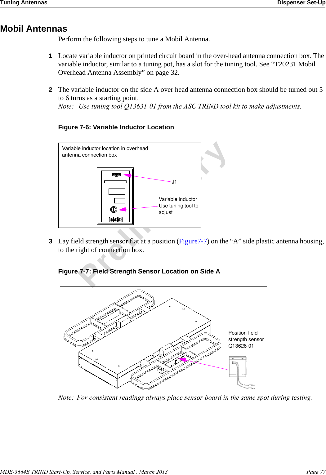 MDE-3664B TRIND Start-Up, Service, and Parts Manual . March 2013 Page 77Tuning Antennas Dispenser Set-UpPreliminaryMobil AntennasPerform the following steps to tune a Mobil Antenna.1Locate variable inductor on printed circuit board in the over-head antenna connection box. The variable inductor, similar to a tuning pot, has a slot for the tuning tool. See “T20231 Mobil Overhead Antenna Assembly” on page 32.2The variable inductor on the side A over head antenna connection box should be turned out 5 to 6 turns as a starting point. Note:  Use tuning tool Q13631-01 from the ASC TRIND tool kit to make adjustments.Figure 7-6: Variable Inductor LocationVariable inductor location in overhead antenna connection boxVariable inductor Use tuning tool to adjustJ13Lay field strength sensor flat at a position (Figure7-7) on the “A” side plastic antenna housing, to the right of connection box.Figure 7-7: Field Strength Sensor Location on Side A Position field strength sensorQ13626-01Note: For consistent readings always place sensor board in the same spot during testing.