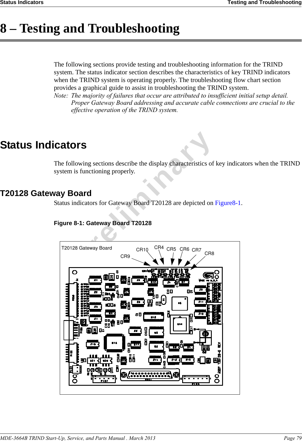 MDE-3664B TRIND Start-Up, Service, and Parts Manual . March 2013 Page 79Status Indicators Testing and TroubleshootingPreliminary8 – Testing and TroubleshootingThe following sections provide testing and troubleshooting information for the TRIND system. The status indicator section describes the characteristics of key TRIND indicators when the TRIND system is operating properly. The troubleshooting flow chart section provides a graphical guide to assist in troubleshooting the TRIND system.Note: The majority of failures that occur are attributed to insufficient initial setup detail. Proper Gateway Board addressing and accurate cable connections are crucial to the effective operation of the TRIND system.Status IndicatorsThe following sections describe the display characteristics of key indicators when the TRIND system is functioning properly.T20128 Gateway BoardStatus indicators for Gateway Board T20128 are depicted on Figure8-1. Figure 8-1: Gateway Board T20128 CR9 CR8CR6CR5CR4CR10T20128 Gateway Board CR7