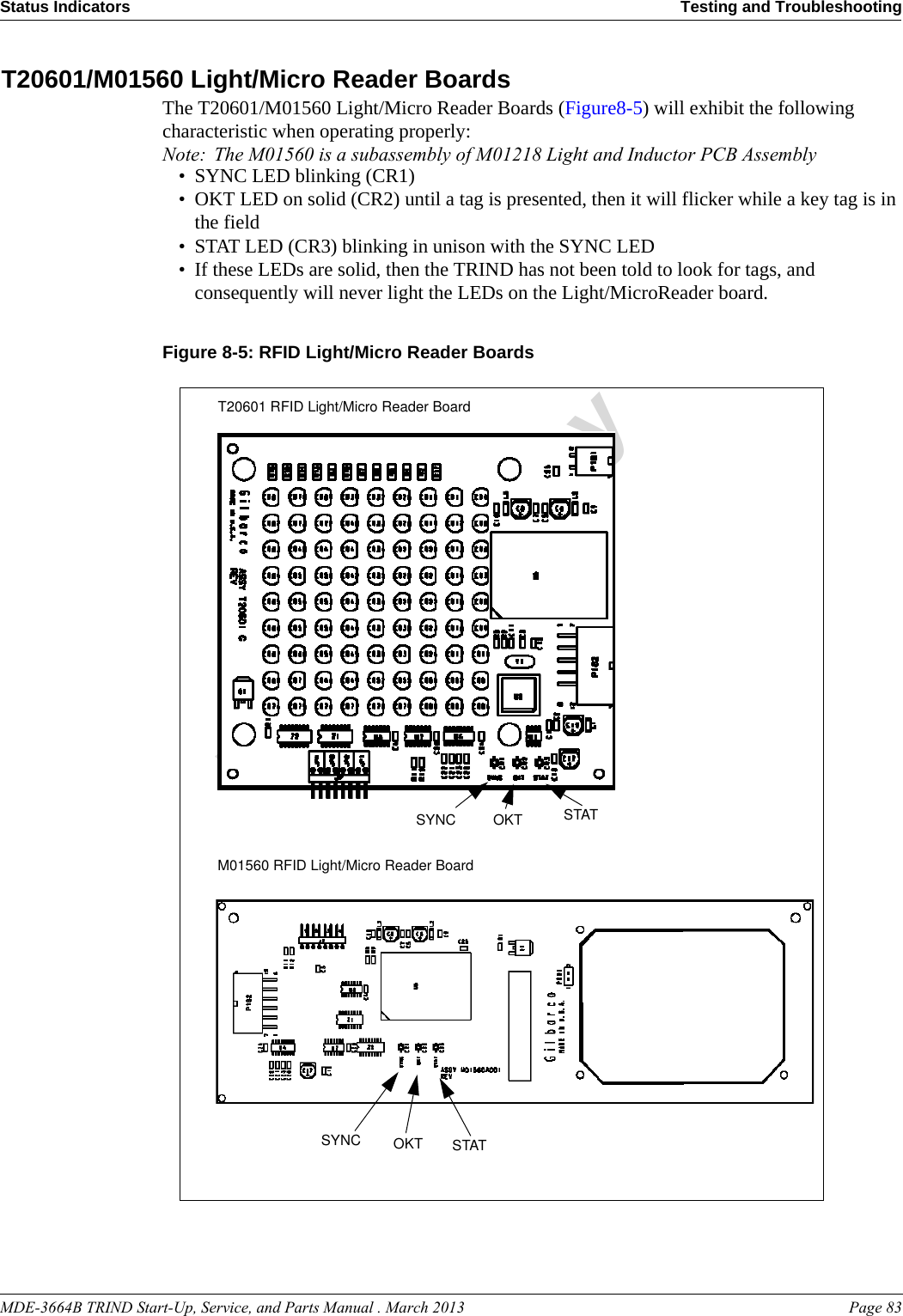 MDE-3664B TRIND Start-Up, Service, and Parts Manual . March 2013 Page 83Status Indicators Testing and TroubleshootingPreliminaryT20601/M01560 Light/Micro Reader BoardsThe T20601/M01560 Light/Micro Reader Boards (Figure8-5) will exhibit the following characteristic when operating properly:Note: The M01560 is a subassembly of M01218 Light and Inductor PCB Assembly• SYNC LED blinking (CR1)•OKT LED on solid (CR2) until a tag is presented, then it will flicker while a key tag is in the field•STAT LED (CR3) blinking in unison with the SYNC LED• If these LEDs are solid, then the TRIND has not been told to look for tags, and consequently will never light the LEDs on the Light/MicroReader board. Figure 8-5: RFID Light/Micro Reader Boards SYNC OKT STATM01560 RFID Light/Micro Reader BoardSYNC OKT STATT20601 RFID Light/Micro Reader Board