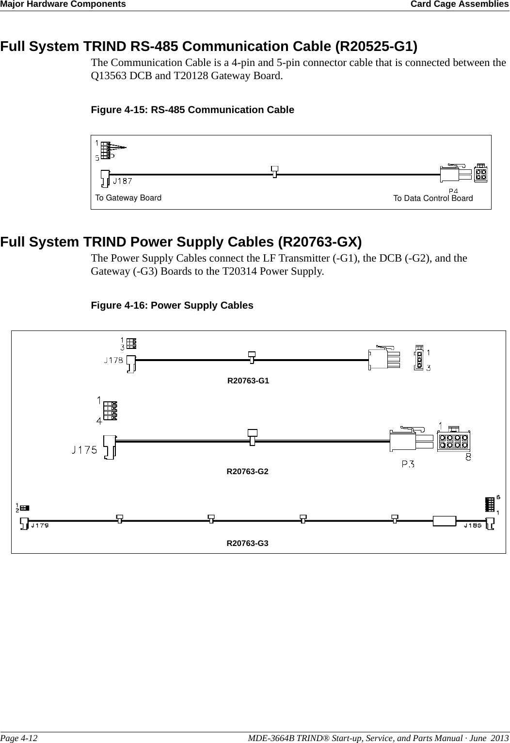 Major Hardware Components Card Cage AssembliesPage 4-12                                                                                                  MDE-3664B TRIND® Start-up, Service, and Parts Manual · June  2013Full System TRIND RS-485 Communication Cable (R20525-G1)The Communication Cable is a 4-pin and 5-pin connector cable that is connected between the Q13563 DCB and T20128 Gateway Board.Figure 4-15: RS-485 Communication CableTo Gateway Board To Data Control BoardFull System TRIND Power Supply Cables (R20763-GX)The Power Supply Cables connect the LF Transmitter (-G1), the DCB (-G2), and the Gateway (-G3) Boards to the T20314 Power Supply.Figure 4-16: Power Supply CablesR20763-G1R20763-G2R20763-G3