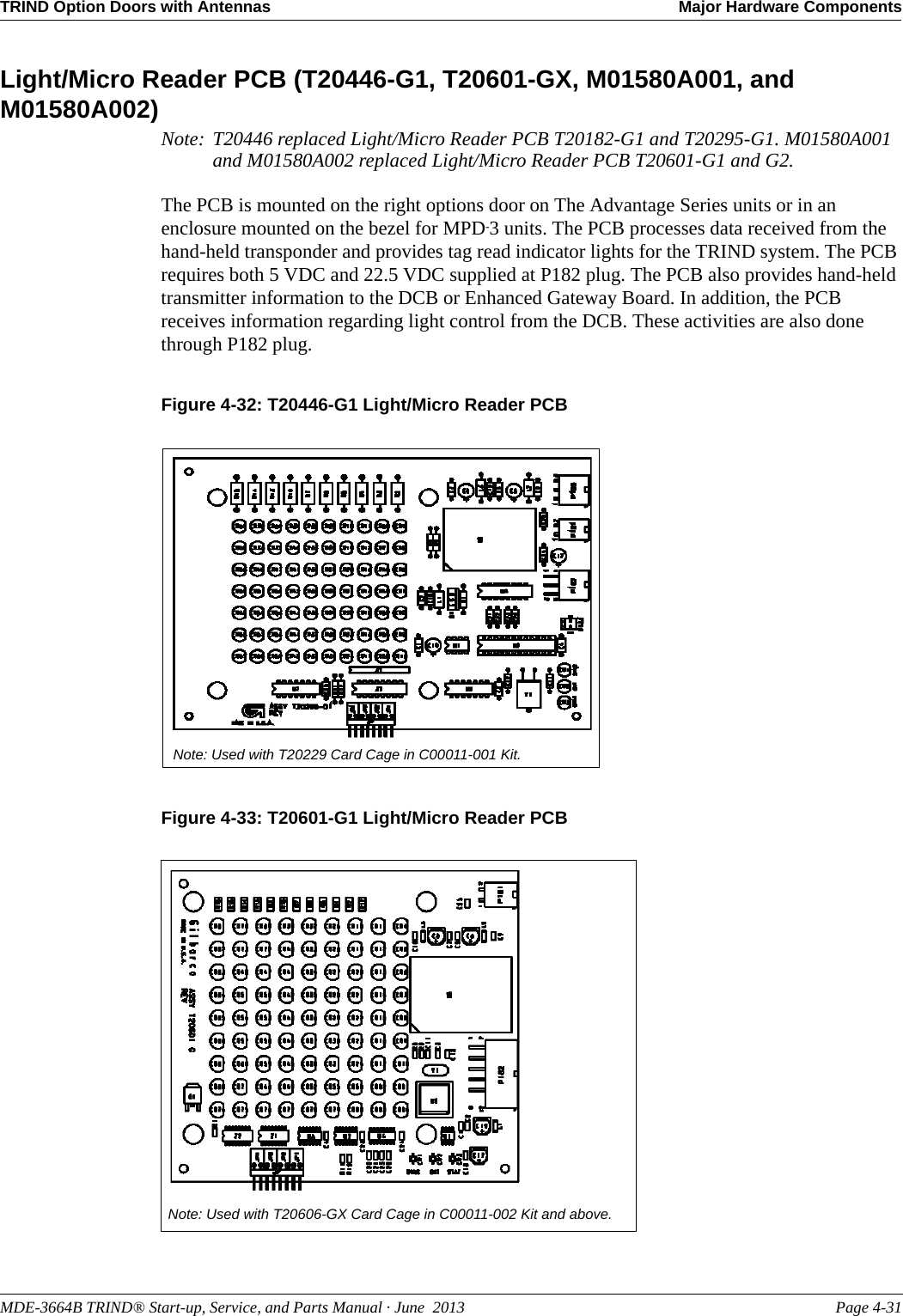MDE-3664B TRIND® Start-up, Service, and Parts Manual · June  2013 Page 4-31TRIND Option Doors with Antennas Major Hardware ComponentsLight/Micro Reader PCB (T20446-G1, T20601-GX, M01580A001, and M01580A002)Note: T20446 replaced Light/Micro Reader PCB T20182-G1 and T20295-G1. M01580A001 and M01580A002 replaced Light/Micro Reader PCB T20601-G1 and G2.The PCB is mounted on the right options door on The Advantage Series units or in an enclosure mounted on the bezel for MPD-3 units. The PCB processes data received from the hand-held transponder and provides tag read indicator lights for the TRIND system. The PCB requires both 5 VDC and 22.5 VDC supplied at P182 plug. The PCB also provides hand-held transmitter information to the DCB or Enhanced Gateway Board. In addition, the PCB receives information regarding light control from the DCB. These activities are also done through P182 plug.Figure 4-32: T20446-G1 Light/Micro Reader PCBNote: Used with T20229 Card Cage in C00011-001 Kit.Figure 4-33: T20601-G1 Light/Micro Reader PCBNote: Used with T20606-GX Card Cage in C00011-002 Kit and above.