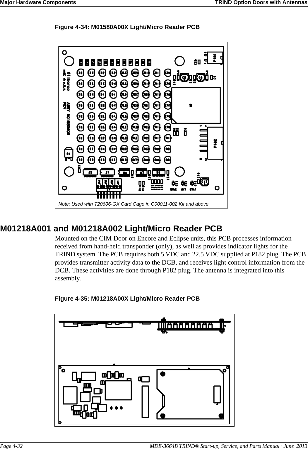 Major Hardware Components TRIND Option Doors with AntennasPage 4-32                                                                                                  MDE-3664B TRIND® Start-up, Service, and Parts Manual · June  2013Figure 4-34: M01580A00X Light/Micro Reader PCBNote: Used with T20606-GX Card Cage in C00011-002 Kit and above.M01218A001 and M01218A002 Light/Micro Reader PCBMounted on the CIM Door on Encore and Eclipse units, this PCB processes information received from hand-held transponder (only), as well as provides indicator lights for the TRIND system. The PCB requires both 5 VDC and 22.5 VDC supplied at P182 plug. The PCB provides transmitter activity data to the DCB, and receives light control information from the DCB. These activities are done through P182 plug. The antenna is integrated into this assembly.Figure 4-35: M01218A00X Light/Micro Reader PCB
