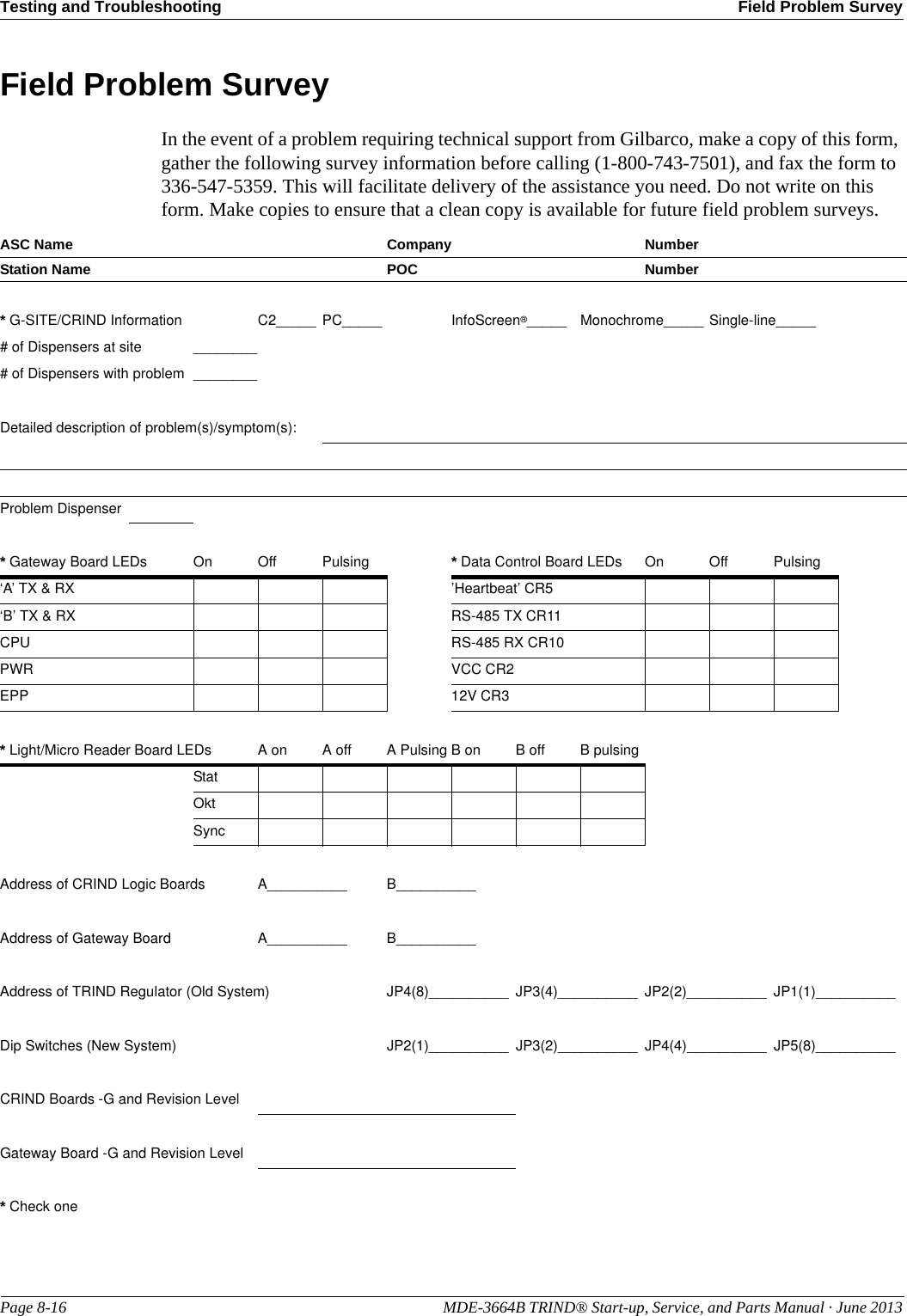 Testing and Troubleshooting Field Problem SurveyPage 8-16                                                                                                  MDE-3664B TRIND® Start-up, Service, and Parts Manual · June 2013Field Problem SurveyIn the event of a problem requiring technical support from Gilbarco, make a copy of this form, gather the following survey information before calling (1-800-743-7501), and fax the form to 336-547-5359. This will facilitate delivery of the assistance you need. Do not write on this form. Make copies to ensure that a clean copy is available for future field problem surveys.ASC Name Company NumberStation Name  POC Number* G-SITE/CRIND Information C2_____PC_____ InfoScreen®_____ Monochrome_____ Single-line_____# of Dispensers at site ________# of Dispensers with problem ________Detailed description of problem(s)/symptom(s):Problem Dispenser* Gateway Board LEDs On Off  Pulsing * Data Control Board LEDs On Off Pulsing‘A’ TX &amp; RX ’Heartbeat’ CR5‘B’ TX &amp; RX RS-485 TX CR11CPU RS-485 RX CR10PWR VCC CR2EPP 12V CR3* Light/Micro Reader Board LEDs A on A offA Pulsing B on B off B pulsingStatOktSyncAddress of CRIND Logic Boards A__________ B__________Address of Gateway Board A__________ B__________Address of TRIND Regulator (Old System) JP4(8)__________ JP3(4)__________ JP2(2)__________ JP1(1)__________Dip Switches (New System) JP2(1)__________ JP3(2)__________ JP4(4)__________ JP5(8)__________CRIND Boards -G and Revision LevelGateway Board -G and Revision Level* Check one
