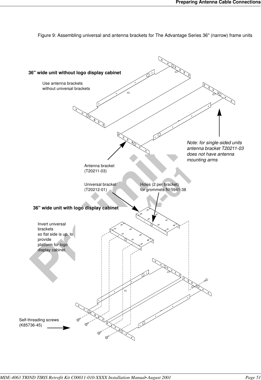 MDE-4063 TRIND TIRIS Retrofit Kit C00011-010-XXXX Installation Manual• August 2001 Page 51Preparing Antenna Cable ConnectionsPreliminary08-24-01Figure 9: Assembling universal and antenna brackets for The Advantage Series 36&quot; (narrow) frame units36&quot; wide unit without logo display cabinet 36&quot; wide unit with logo display cabinetUse antenna brackets without universal bracketsInvert universal brackets so flat side is up, to provide platform for logo display cabinet.Antenna bracket(T20211-03)Self-threading screws (K85736-45)Universal bracket(T20212-01)Holes (2 per bracket)for grommets N15941-38Note: for single-sided units antenna bracket T20211-03 does not have antenna mounting arms