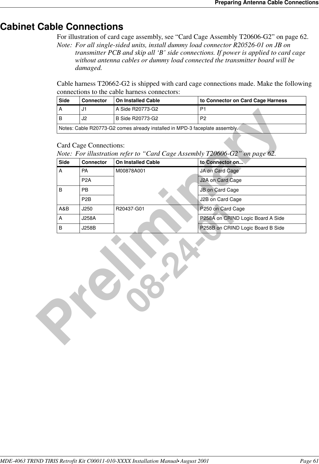 MDE-4063 TRIND TIRIS Retrofit Kit C00011-010-XXXX Installation Manual• August 2001 Page 61Preparing Antenna Cable ConnectionsPreliminary08-24-01Cabinet Cable ConnectionsFor illustration of card cage assembly, see “Card Cage Assembly T20606-G2” on page 62.Note: For all single-sided units, install dummy load connector R20526-01 on JB on transmitter PCB and skip all ‘B’ side connections. If power is applied to card cage without antenna cables or dummy load connected the transmitter board will be damaged.Cable harness T20662-G2 is shipped with card cage connections made. Make the following connections to the cable harness connectors:Card Cage Connections:Note: For illustration refer to “Card Cage Assembly T20606-G2” on page 62.Side Connector On Installed Cable to Connector on Card Cage HarnessA J1 A Side R20773-G2  P1B J2 B Side R20773-G2 P2Notes: Cable R20773-G2 comes already installed in MPD-3 faceplate assembly.Side Connector On Installed Cable to Connector on...A PA M00878A001 JA on Card CageP2A J2A on Card CageB PB JB on Card CageP2B J2B on Card CageA&amp;B J250 R20437-G01 P250 on Card CageA J258A P258A on CRIND Logic Board A SideB J258B P258B on CRIND Logic Board B Side