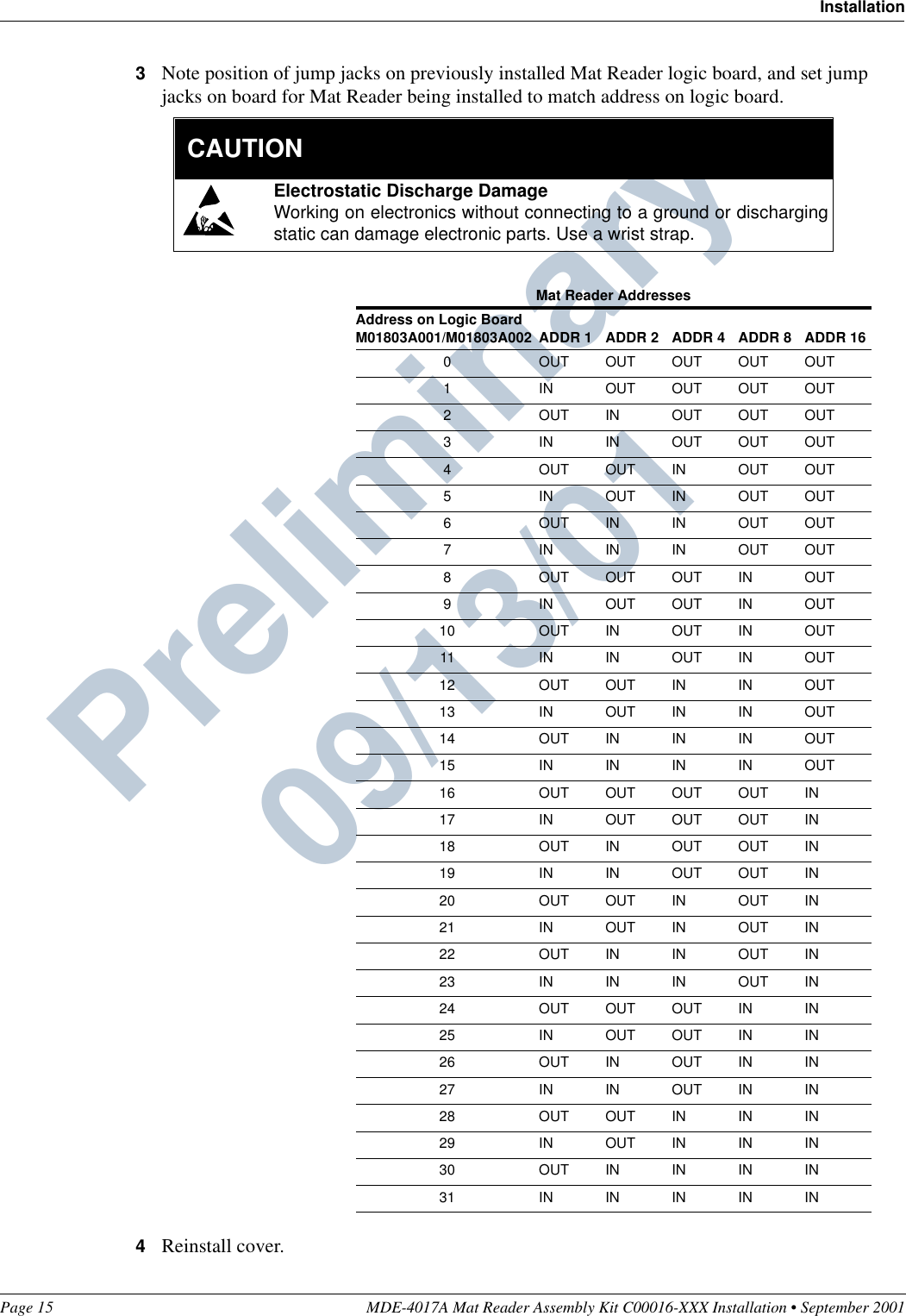 Page 15 MDE-4017A Mat Reader Assembly Kit C00016-XXX Installation • September 2001InstallationPreliminary  09/13/013Note position of jump jacks on previously installed Mat Reader logic board, and set jump jacks on board for Mat Reader being installed to match address on logic board.4Reinstall cover.Mat Reader AddressesAddress on Logic Board M01803A001/M01803A002 ADDR 1 ADDR 2 ADDR 4 ADDR 8 ADDR 160 OUT OUT OUT OUT OUT1 IN OUT OUT OUT OUT2 OUT IN OUT OUT OUT3 ININOUTOUTOUT4 OUT OUT IN OUT OUT5 IN OUT IN OUT OUT6 OUT IN IN OUT OUT7 INININOUTOUT8 OUT OUT OUT IN OUT9 IN OUT OUT IN OUT10 OUT IN OUT IN OUT11 IN IN OUT IN OUT12 OUT OUT IN IN OUT13 IN OUT IN IN OUT14 OUTINININOUT15 IN IN IN IN OUT16 OUT OUT OUT OUT IN17 IN OUT OUT OUT IN18 OUT IN OUT OUT IN19 IN IN OUT OUT IN20 OUT OUT IN OUT IN21 IN OUT IN OUT IN22 OUTININOUTIN23 IN IN IN OUT IN24 OUT OUT OUT IN IN25 IN OUT OUT IN IN26 OUT IN OUT IN IN27 IN IN OUT IN IN28 OUT OUT IN IN IN29 IN OUT IN IN IN30 OUTININININ31 IN IN IN IN INElectrostatic Discharge DamageWorking on electronics without connecting to a ground or dischargingstatic can damage electronic parts. Use a wrist strap.  CAUTION
