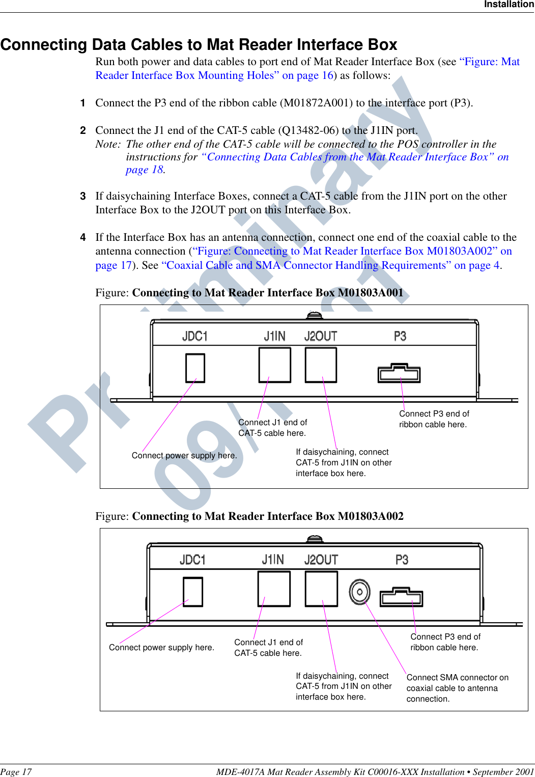 Page 17 MDE-4017A Mat Reader Assembly Kit C00016-XXX Installation • September 2001InstallationPreliminary  09/13/01Connecting Data Cables to Mat Reader Interface BoxRun both power and data cables to port end of Mat Reader Interface Box (see “Figure: Mat Reader Interface Box Mounting Holes” on page 16) as follows:1Connect the P3 end of the ribbon cable (M01872A001) to the interface port (P3).2Connect the J1 end of the CAT-5 cable (Q13482-06) to the J1IN port.Note: The other end of the CAT-5 cable will be connected to the POS controller in the instructions for “Connecting Data Cables from the Mat Reader Interface Box” on page 18.3If daisychaining Interface Boxes, connect a CAT-5 cable from the J1IN port on the other Interface Box to the J2OUT port on this Interface Box.4If the Interface Box has an antenna connection, connect one end of the coaxial cable to the antenna connection (“Figure: Connecting to Mat Reader Interface Box M01803A002” on page 17). See “Coaxial Cable and SMA Connector Handling Requirements” on page 4.Figure: Connecting to Mat Reader Interface Box M01803A001Figure: Connecting to Mat Reader Interface Box M01803A002Connect power supply here.Connect J1 end of CAT-5 cable here.If daisychaining, connect CAT-5 from J1IN on other interface box here.Connect P3 end of ribbon cable here.Connect power supply here. Connect J1 end of CAT-5 cable here.If daisychaining, connect CAT-5 from J1IN on other interface box here.Connect P3 end of ribbon cable here.Connect SMA connector on coaxial cable to antenna connection.