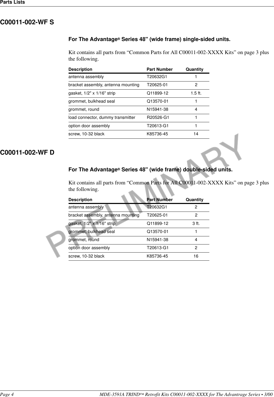 PRELIMINARYParts ListsPage 4 MDE-3591A TRIND™ Retrofit Kits C00011-002-XXXX for The Advantrage Series • 3/00 C00011-002-WF S For The Advantage® Series 48&quot; (wide frame) single-sided units.Kit contains all parts from “Common Parts for All C00011-002-XXXX Kits” on page 3 plus the following.C00011-002-WF D For The Advantage® Series 48&quot; (wide frame) double-sided units.Kit contains all parts from “Common Parts for All C00011-002-XXXX Kits” on page 3 plus the following.Description Part Number Quantityantenna assembly T20632G1 1bracket assembly, antenna mounting T20625-01 2gasket, 1/2&quot; x 1/16&quot; strip Q11899-12 1.5 ft.grommet, bulkhead seal  Q13570-01 1grommet, round N15941-38 4load connector, dummy transmitter R20526-G1 1option door assembly T20613-G1 1screw, 10-32 black K85736-45 14Description Part Number Quantityantenna assembly T20632G1 2bracket assembly, antenna mounting T20625-01 2gasket, 1/2&quot; x 1/16&quot; strip Q11899-12 3 ft.grommet, bulkhead seal  Q13570-01 1grommet, round N15941-38 4option door assembly T20613-G1 2screw, 10-32 black K85736-45 16