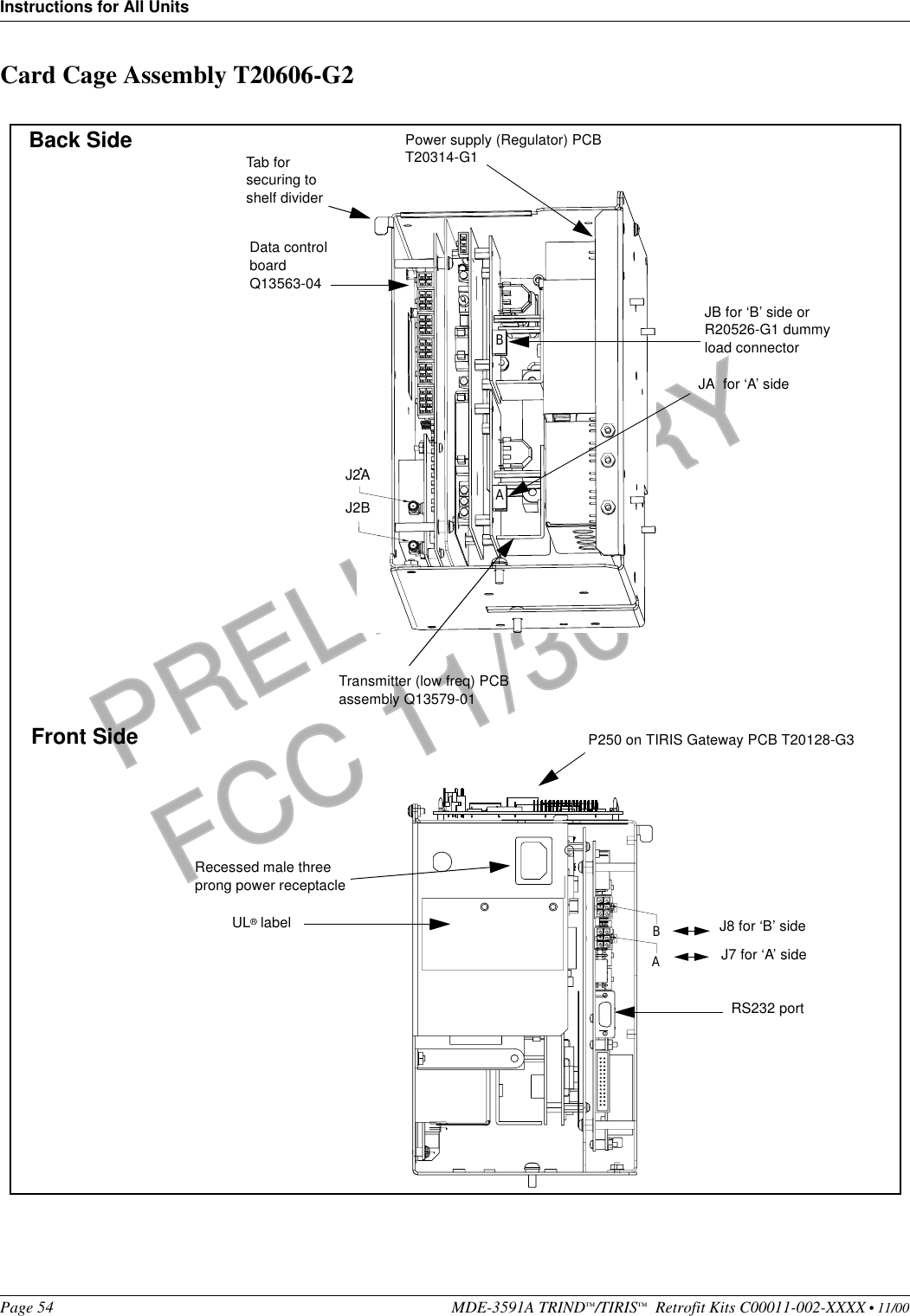 Instructions for All UnitsPage 54 MDE-3591A TRIND™/TIRIS™  Retrofit Kits C00011-002-XXXX • 11/00PRELIMINARYFCC 11/30Card Cage Assembly T20606-G2BAABBATransmitter (low freq) PCBassembly Q13579-01Data control board Q13563-04Power supply (Regulator) PCB T20314-G1JB for ‘B’ side or R20526-G1 dummy load connectorJA  for ‘A’ sideP250 on TIRIS Gateway PCB T20128-G3J2A J2B Recessed male three prong power receptacleUL® label J8 for ‘B’ sideJ7 for ‘A’ sideRS232 portBack SideFront SideTab for securing to shelf divider
