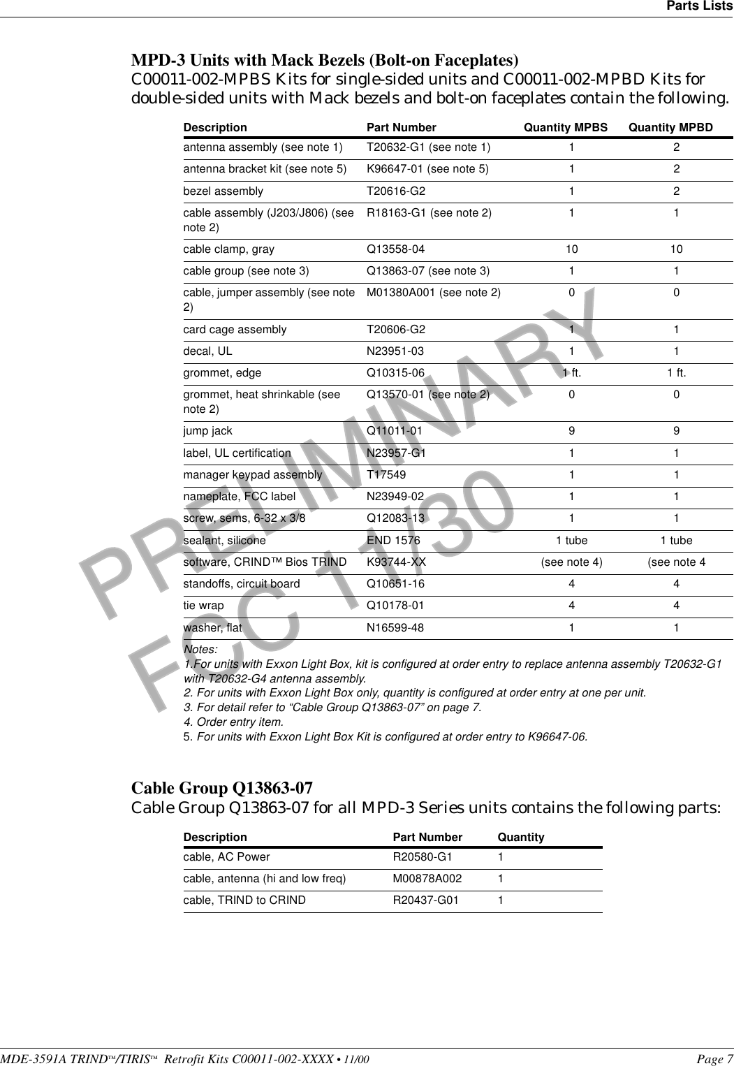 MDE-3591A TRIND™/TIRIS™  Retrofit Kits C00011-002-XXXX • 11/00 Page 7Parts ListsPRELIMINARYFCC 11/30MPD-3 Units with Mack Bezels (Bolt-on Faceplates)C00011-002-MPBS Kits for single-sided units and C00011-002-MPBD Kits for double-sided units with Mack bezels and bolt-on faceplates contain the following.Cable Group Q13863-07Cable Group Q13863-07 for all MPD-3 Series units contains the following parts:Description Part Number Quantity MPBS Quantity MPBDantenna assembly (see note 1)  T20632-G1 (see note 1) 1 2antenna bracket kit (see note 5)  K96647-01 (see note 5) 1 2bezel assembly T20616-G2 1 2cable assembly (J203/J806) (see note 2)R18163-G1 (see note 2) 1 1cable clamp, gray Q13558-04 10 10cable group (see note 3) Q13863-07 (see note 3) 1 1cable, jumper assembly (see note 2)M01380A001 (see note 2) 0 0card cage assembly T20606-G2 1 1decal, UL N23951-03 1 1grommet, edge Q10315-06 1 ft. 1 ft.grommet, heat shrinkable (see note 2)Q13570-01 (see note 2) 0 0jump jack Q11011-01 9 9label, UL certification N23957-G1 1 1manager keypad assembly T17549 1 1nameplate, FCC label N23949-02 1 1screw, sems, 6-32 x 3/8 Q12083-13 1 1sealant, silicone END 1576 1 tube 1 tubesoftware, CRIND™ Bios TRIND K93744-XX (see note 4) (see note 4standoffs, circuit board Q10651-16 4 4tie wrap Q10178-01 4 4washer, flat N16599-48 1 1Notes:1.For units with Exxon Light Box, kit is configured at order entry to replace antenna assembly T20632-G1 with T20632-G4 antenna assembly.2. For units with Exxon Light Box only, quantity is configured at order entry at one per unit.3. For detail refer to “Cable Group Q13863-07” on page 7.4. Order entry item.5. For units with Exxon Light Box Kit is configured at order entry to K96647-06.Description Part Number Quantitycable, AC Power R20580-G1 1cable, antenna (hi and low freq) M00878A002 1cable, TRIND to CRIND R20437-G01 1