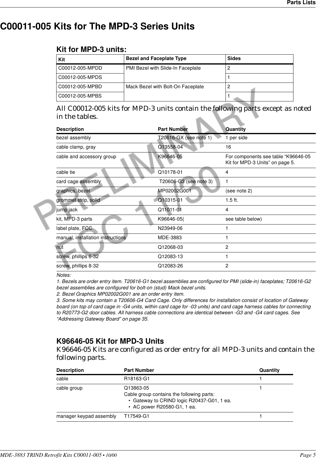 MDE-3883 TRIND Retrofit Kits C00011-005 • 10/00   Page 5Parts ListsPRELIMINARYFCC 11/30C00011-005 Kits for The MPD-3 Series UnitsKit for MPD-3 units:All C00012-005 kits for MPD-3 units contain the following parts except as noted in the tables.K96646-05 Kit for MPD-3 UnitsK96646-05 Kits are configured as order entry for all MPD-3 units and contain the following parts.Kit Bezel and Faceplate Type SidesC00012-005-MPDD PMI Bezel with Slide-In Faceplate 2C00012-005-MPDS 1C00012-005-MPBD Mack Bezel with Bolt-On Faceplate 2C00012-005-MPBS 1Description Part Number Quantity bezel assembly T20616-GX (see note 1) 1 per sidecable clamp, gray Q13558-04 16cable and accessory group K96646-05 For components see table “K96646-05 Kit for MPD-3 Units” on page 5.cable tie Q10178-01 4card cage assembly  T20606-G3 (see note 3) 1graphics, bezel MP02002G001 (see note 2)grommet strip, solid Q10315-01 1.5 ft.jump jack Q11011-01 4kit, MPD-3 parts K96646-05( see table below)label plate, FCC N23949-06 1manual, installation instructions MDE-3883 1nut Q12068-03 2screw, phillips 6-32 Q12083-13 1screw, phillips 8-32 Q12083-26 2Notes:1. Bezels are order entry item. T20616-G1 bezel assemblies are configured for PMI (slide-in) faceplates; T20616-G2 bezel assemblies are configured for bolt-on (stud) Mack bezel units.2. Bezel Graphics MP02002G001 are an order entry item.3. Some kits may contain a T20606-G4 Card Cage. Only differences for installation consist of location of Gateway board (on top of card cage in -G4 units, within card cage for -03 units) and card cage harness cables for connecting to R20773-G2 door cables. All harness cable connections are identical between -G3 and -G4 card cages. See “Addressing Gateway Board” on page 35. Description Part Number Quantity cable R18163-G1 1cable group Q13863-05Cable group contains the following parts:•Gateway to CRIND logic R20437-G01, 1 ea.•AC power R20580-G1, 1 ea.1manager keypad assembly T17549-G1 1