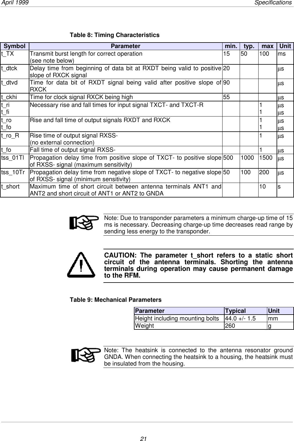 April 1999         Specifications21Table 8: Timing CharacteristicsSymbol Parameter min. typ. max Unitt_TX Transmit burst length for correct operation(see note below) 15 50 100 mst_dtck Delay time from beginning of data bit at RXDT being valid to positiveslope of RXCK signal 20 µst_dtvd Time for data bit of RXDT signal being valid after positive slope ofRXCK 90 µst_ckhi Time for clock signal RXCK being high 55 µst_rit_fi Necessary rise and fall times for input signal TXCT- and TXCT-R 11µsµst_rot_fo Rise and fall time of output signals RXDT and RXCK 11µsµst_ro_R Rise time of output signal RXSS-(no external connection) 1µst_fo Fall time of output signal RXSS- 1 µstss_01Tl Propagation delay time from positive slope of TXCT- to positive slopeof RXSS- signal (maximum sensitivity) 500 1000 1500 µstss_10Tr Propagation delay time from negative slope of TXCT- to negative slopeof RXSS- signal (minimum sensitivity) 50 100 200 µst_short Maximum time of short circuit between antenna terminals ANT1 andANT2 and short circuit of ANT1 or ANT2 to GNDA 10 sNote: Due to transponder parameters a minimum charge-up time of 15ms is necessary. Decreasing charge-up time decreases read range bysending less energy to the transponder.CAUTION: The parameter t_short refers to a static shortcircuit of the antenna terminals. Shorting the antennaterminals during operation may cause permanent damageto the RFM.Table 9: Mechanical ParametersParameter Typical UnitHeight including mounting bolts 44.0 +/- 1.5 mmWeight 260 gNote: The heatsink is connected to the antenna resonator groundGNDA. When connecting the heatsink to a housing, the heatsink mustbe insulated from the housing.