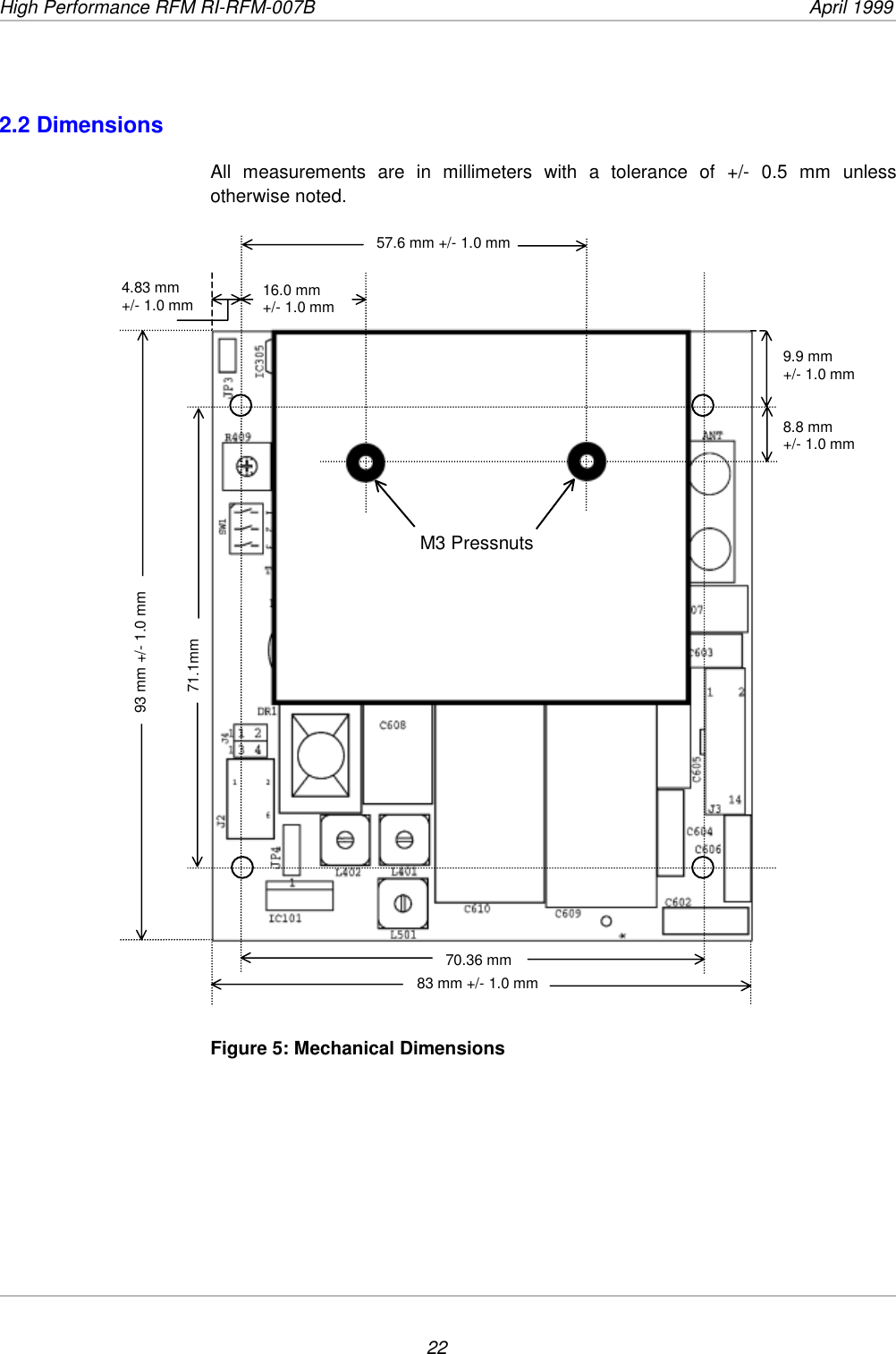 High Performance RFM RI-RFM-007B  April 1999222.2 DimensionsAll measurements are in millimeters with a tolerance of +/- 0.5 mm unlessotherwise noted.Figure 5: Mechanical Dimensions8.8 mm+/- 1.0 mm9.9 mm+/- 1.0 mm70.36 mm  83 mm +/- 1.0 mm57.6 mm +/- 1.0 mm16.0 mm+/- 1.0 mm93 mm +/- 1.0 mm71.1mm4.83 mm+/- 1.0 mmM3 Pressnuts