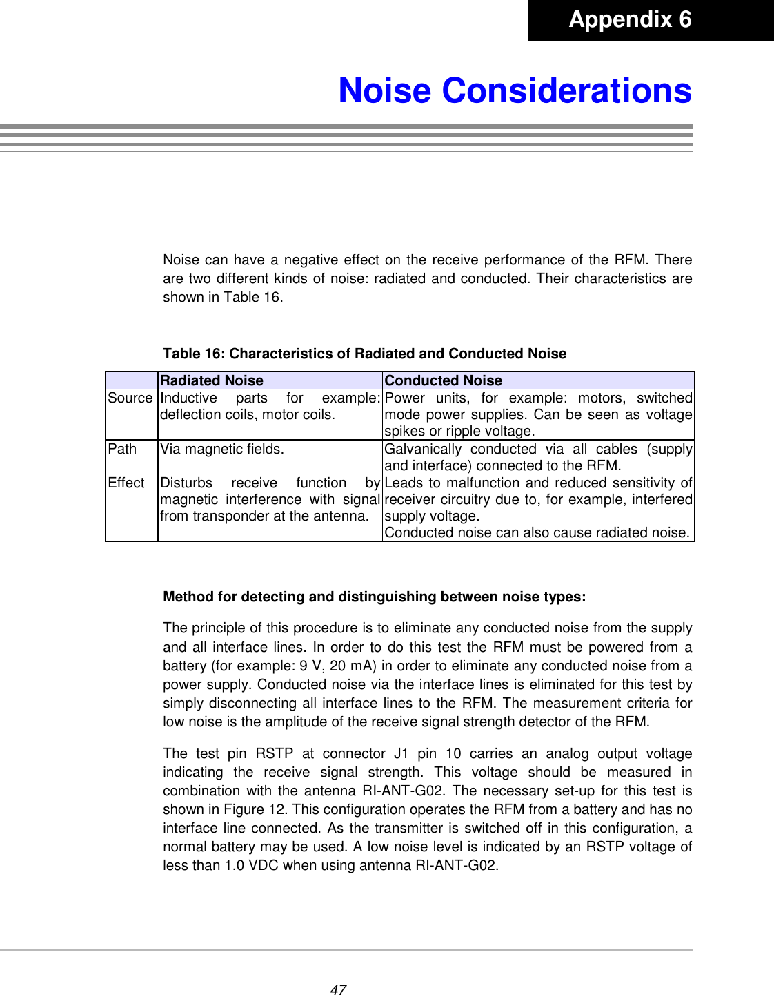 47Noise ConsiderationsNoise can have a negative effect on the receive performance of the RFM. Thereare two different kinds of noise: radiated and conducted. Their characteristics areshown in Table 16.Table 16: Characteristics of Radiated and Conducted NoiseRadiated Noise Conducted NoiseSource Inductive parts for example:deflection coils, motor coils. Power units, for example: motors, switchedmode power supplies. Can be seen as voltagespikes or ripple voltage.Path Via magnetic fields. Galvanically conducted via all cables (supplyand interface) connected to the RFM.Effect Disturbs receive function bymagnetic interference with signalfrom transponder at the antenna.Leads to malfunction and reduced sensitivity ofreceiver circuitry due to, for example, interferedsupply voltage.Conducted noise can also cause radiated noise.Method for detecting and distinguishing between noise types:The principle of this procedure is to eliminate any conducted noise from the supplyand all interface lines. In order to do this test the RFM must be powered from abattery (for example: 9 V, 20 mA) in order to eliminate any conducted noise from apower supply. Conducted noise via the interface lines is eliminated for this test bysimply disconnecting all interface lines to the RFM. The measurement criteria forlow noise is the amplitude of the receive signal strength detector of the RFM.The test pin RSTP at connector J1 pin 10 carries an analog output voltageindicating the receive signal strength. This voltage should be measured incombination with the antenna RI-ANT-G02. The necessary set-up for this test isshown in Figure 12. This configuration operates the RFM from a battery and has nointerface line connected. As the transmitter is switched off in this configuration, anormal battery may be used. A low noise level is indicated by an RSTP voltage ofless than 1.0 VDC when using antenna RI-ANT-G02.      Appendix 6