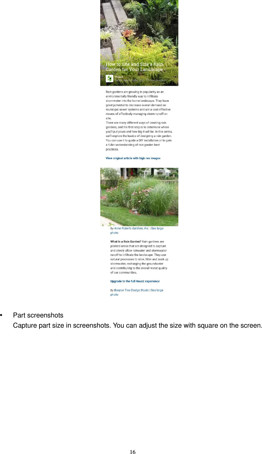  16      Part screenshots Capture part size in screenshots. You can adjust the size with square on the screen. 