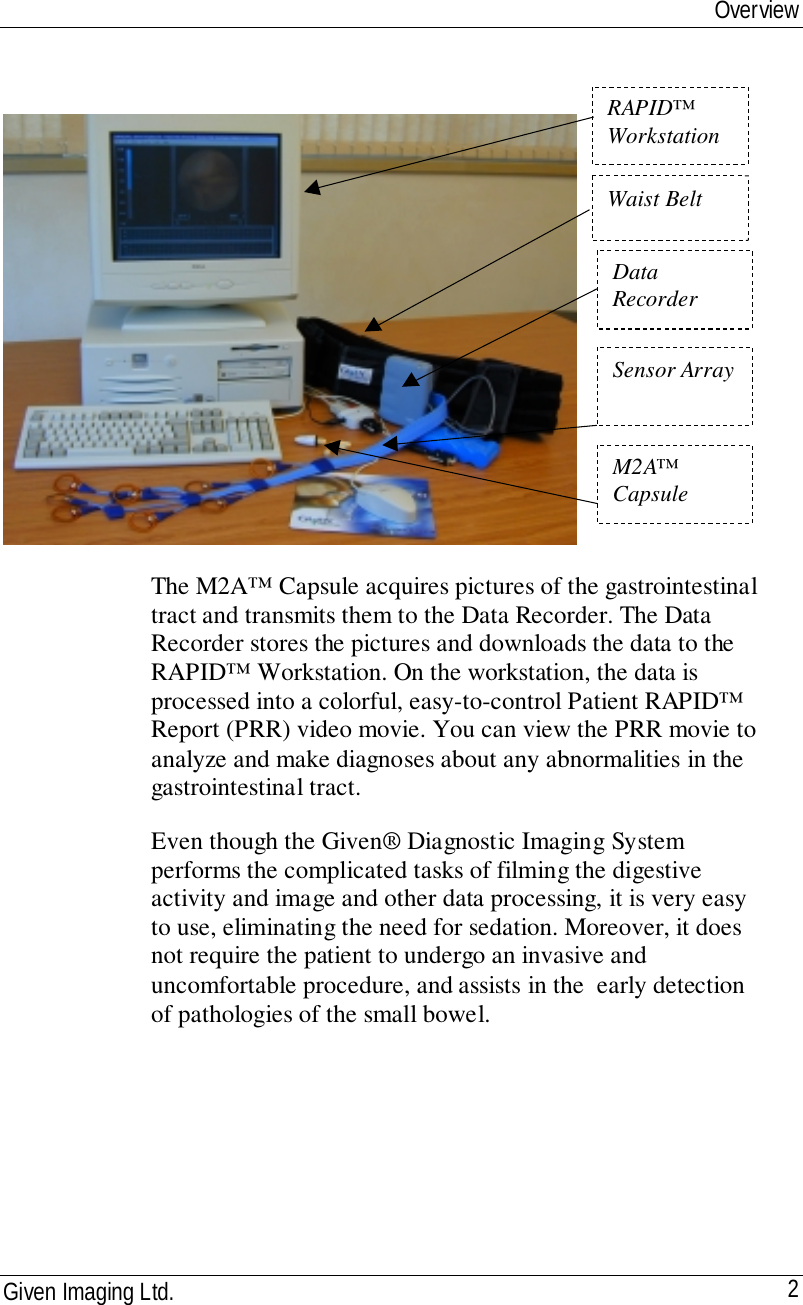 OverviewGiven Imaging Ltd. 2The M2A™ Capsule acquires pictures of the gastrointestinaltract and transmits them to the Data Recorder. The DataRecorder stores the pictures and downloads the data to theRAPID™ Workstation. On the workstation, the data isprocessed into a colorful, easy-to-control Patient RAPID™Report (PRR) video movie. You can view the PRR movie toanalyze and make diagnoses about any abnormalities in thegastrointestinal tract.Even though the Given® Diagnostic Imaging Systemperforms the complicated tasks of filming the digestiveactivity and image and other data processing, it is very easyto use, eliminating the need for sedation. Moreover, it doesnot require the patient to undergo an invasive anduncomfortable procedure, and assists in the  early detectionof pathologies of the small bowel.RAPID™WorkstationDataRecorderSensor ArrayM2A™CapsuleWaist Belt
