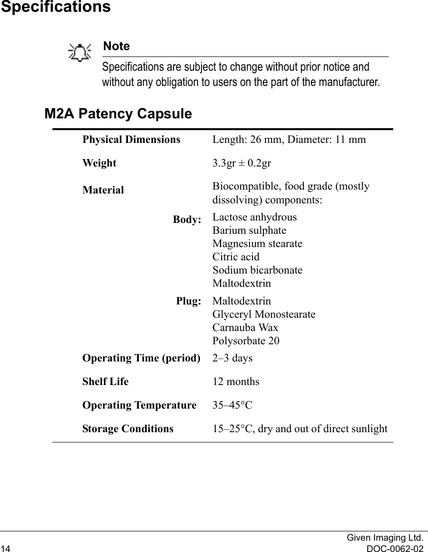 Given Imaging Ltd.14 DOC-0062-02SpecificationsNoteSpecifications are subject to change without prior notice and without any obligation to users on the part of the manufacturer.M2A Patency CapsulePhysical Dimensions Length: 26 mm, Diameter: 11 mmWeight 3.3gr ± 0.2grMaterial Biocompatible, food grade (mostly dissolving) components:Body: Lactose anhydrousBarium sulphateMagnesium stearate Citric acid Sodium bicarbonate Maltodextrin Plug: MaltodextrinGlyceryl MonostearateCarnauba WaxPolysorbate 20Operating Time (period) 2–3 daysShelf Life 12 months Operating Temperature 35–45°CStorage Conditions 15–25°C, dry and out of direct sunlight