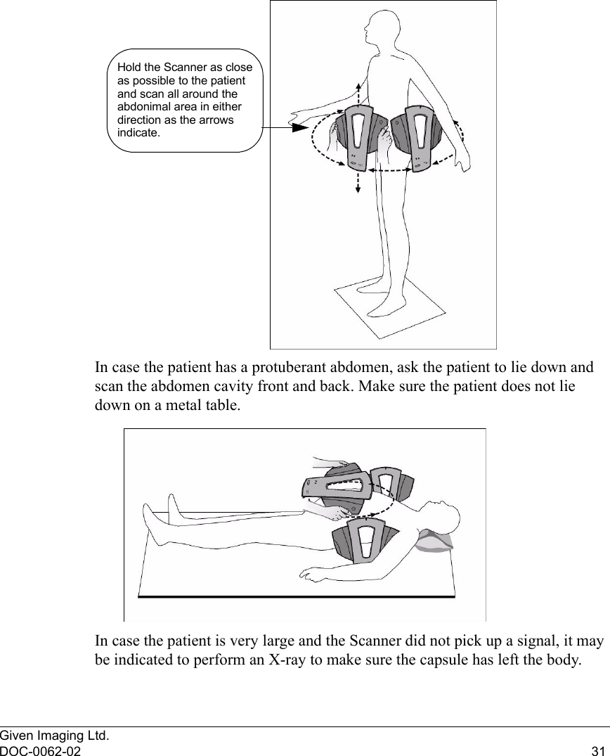 Given Imaging Ltd.DOC-0062-02 31In case the patient has a protuberant abdomen, ask the patient to lie down and scan the abdomen cavity front and back. Make sure the patient does not lie down on a metal table.In case the patient is very large and the Scanner did not pick up a signal, it may be indicated to perform an X-ray to make sure the capsule has left the body.Hold the Scanner as closeas possible to the patientand scan all around the abdonimal area in eitherdirection as the arrowsindicate.