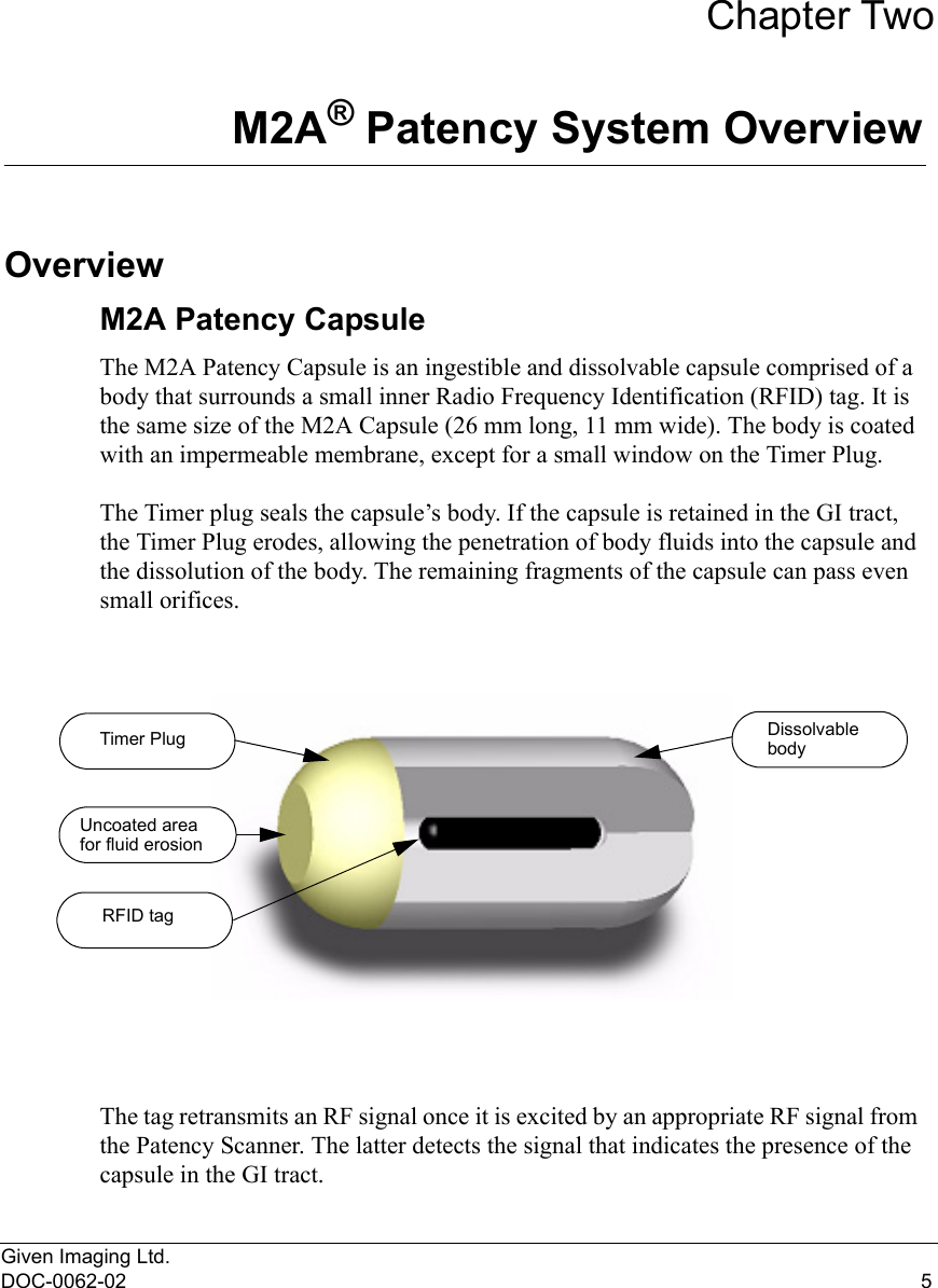 Given Imaging Ltd.DOC-0062-02 5Chapter TwoM2A® Patency System Overview OverviewM2A Patency CapsuleThe M2A Patency Capsule is an ingestible and dissolvable capsule comprised of a body that surrounds a small inner Radio Frequency Identification (RFID) tag. It is the same size of the M2A Capsule (26 mm long, 11 mm wide). The body is coated with an impermeable membrane, except for a small window on the Timer Plug.The Timer plug seals the capsule’s body. If the capsule is retained in the GI tract, the Timer Plug erodes, allowing the penetration of body fluids into the capsule and the dissolution of the body. The remaining fragments of the capsule can pass even small orifices. The tag retransmits an RF signal once it is excited by an appropriate RF signal from the Patency Scanner. The latter detects the signal that indicates the presence of the capsule in the GI tract.Timer PlugUncoated areaRFID tagDissolvablebody for fluid erosion