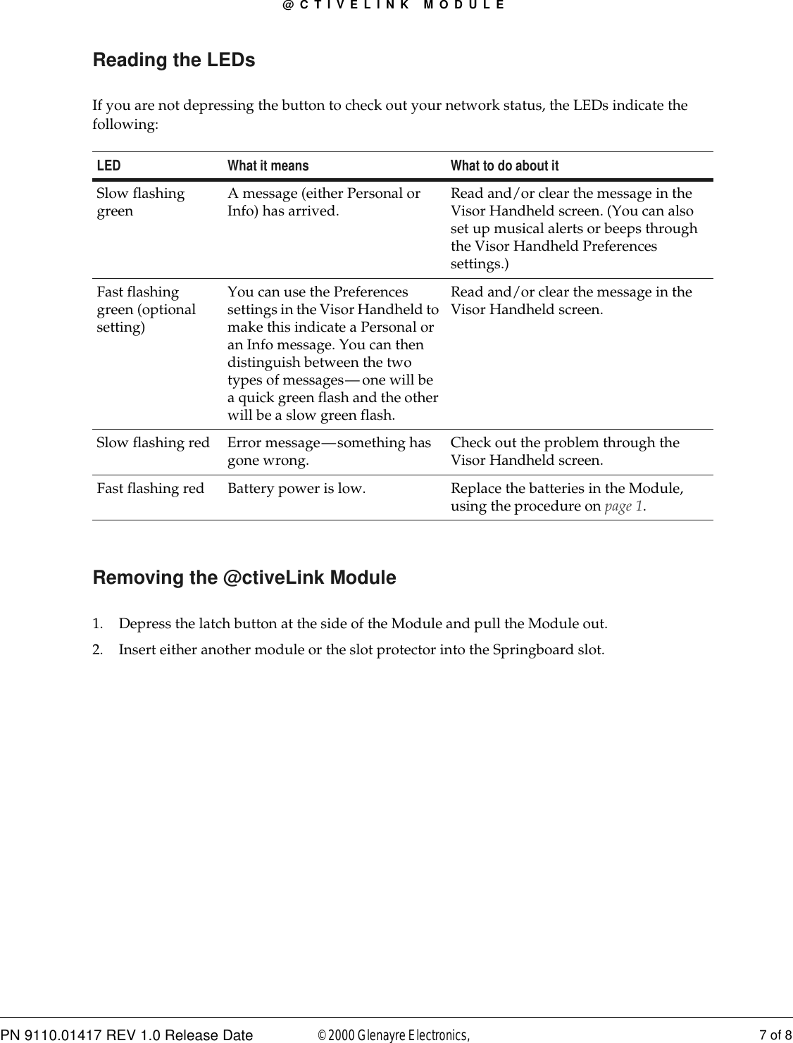 @CTIVELINK MODULEPN 9110.01417 REV 1.0 Release Date 7 of 8© 2000 Glenayre Electronics, Reading the LEDsIf you are not depressing the button to check out your network status, the LEDs indicate the following:Removing the @ctiveLink Module1. Depress the latch button at the side of the Module and pull the Module out.2. Insert either another module or the slot protector into the Springboard slot.LED What it means What to do about itSlow flashing green A message (either Personal or Info) has arrived. Read and/or clear the message in the Visor Handheld screen. (You can also set up musical alerts or beeps through the Visor Handheld Preferences settings.)Fast flashing green (optional setting)You can use the Preferences settings in the Visor Handheld to make this indicate a Personal or an Info message. You can then distinguish between the two types of messages—one will be a quick green flash and the other will be a slow green flash.Read and/or clear the message in the Visor Handheld screen.Slow flashing red Error message—something has gone wrong. Check out the problem through the Visor Handheld screen.Fast flashing red Battery power is low. Replace the batteries in the Module, using the procedure on page 1.