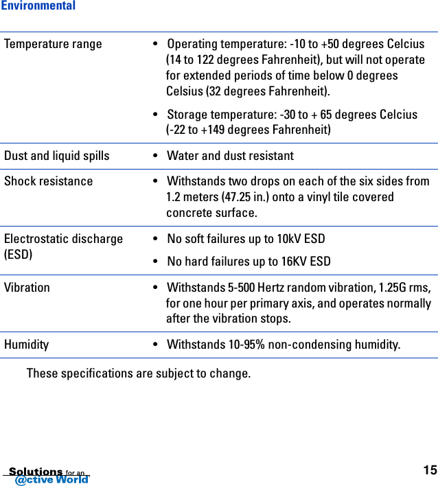 15EnvironmentalThese specifications are subject to change.Temperature range •Operating temperature: -10 to +50 degrees Celcius (14 to 122 degrees Fahrenheit), but will not operate for extended periods of time below 0 degrees Celsius (32 degrees Fahrenheit).•Storage temperature: -30 to + 65 degrees Celcius    (-22 to +149 degrees Fahrenheit)Dust and liquid spills •Water and dust resistantShock resistance •Withstands two drops on each of the six sides from 1.2 meters (47.25 in.) onto a vinyl tile covered concrete surface.Electrostatic discharge (ESD) •No soft failures up to 10kV ESD•No hard failures up to 16KV ESDVibration •Withstands 5-500 Hertz random vibration, 1.25G rms, for one hour per primary axis, and operates normally after the vibration stops.Humidity •Withstands 10-95% non-condensing humidity.
