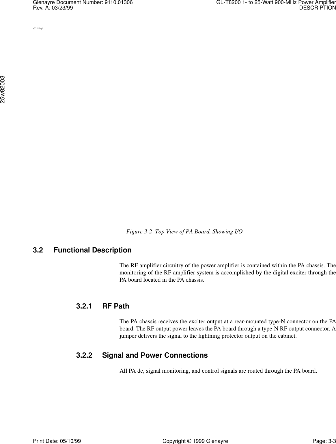 Glenayre Document Number: 9110.01306 GL-T8200 1- to 25-Watt 900-MHz Power AmplifierRev. A: 03/23/99 DESCRIPTION25w82003Print Date: 05/10/99 Copyright © 1999 Glenayre Page: 3-3v0221.hglFigure 3-2  Top View of PA Board, Showing I/O3.2 Functional DescriptionThe RF amplifier circuitry of the power amplifier is contained within the PA chassis. Themonitoring of the RF amplifier system is accomplished by the digital exciter through thePA board located in the PA chassis.   3.2.1 RF PathThe PA chassis receives the exciter output at a rear-mounted type-N connector on the PAboard. The RF output power leaves the PA board through a type-N RF output connector. Ajumper delivers the signal to the lightning protector output on the cabinet.3.2.2 Signal and Power ConnectionsAll PA dc, signal monitoring, and control signals are routed through the PA board.