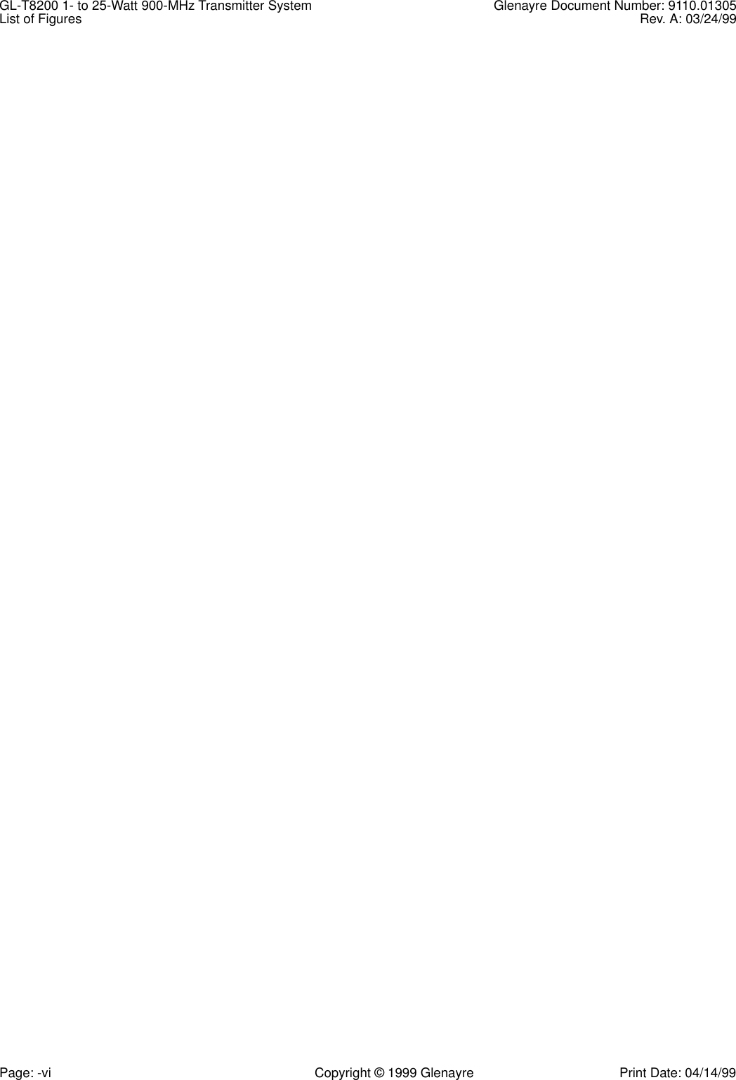 GL-T8200 1- to 25-Watt 900-MHz Transmitter System  Glenayre Document Number: 9110.01305List of Figures Rev. A: 03/24/99Page: -vi Copyright © 1999 Glenayre Print Date: 04/14/99