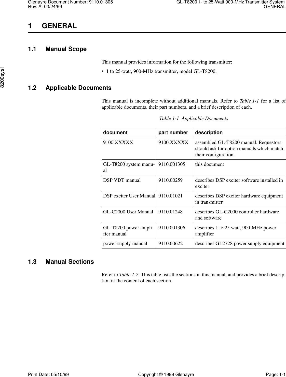 Glenayre Document Number: 9110.01305 GL-T8200 1- to 25-Watt 900-MHz Transmitter System Rev. A: 03/24/99 GENERAL8200sys1Print Date: 05/10/99 Copyright © 1999 Glenayre Page: 1-11GENERAL1.1 Manual ScopeThis manual provides information for the following transmitter:• 1 to 25-watt, 900-MHz transmitter, model GL-T8200.1.2 Applicable DocumentsThis manual is incomplete without additional manuals. Refer to Table 1-1 for a list ofapplicable documents, their part numbers, and a brief description of each.1.3 Manual SectionsRefer to Table 1-2. This table lists the sections in this manual, and provides a brief descrip-tion of the content of each section.Table 1-1  Applicable Documentsdocument part number description9100.XXXXX 9100.XXXXX assembled GL-T8200 manual. Requestors should ask for option manuals which match their configuration.GL-T8200 system manu-al 9110.001305 this documentDSP VDT manual 9110.00259 describes DSP exciter software installed in exciterDSP exciter User Manual 9110.01021 describes DSP exciter hardware equipment in transmitterGL-C2000 User Manual 9110.01248 describes GL-C2000 controller hardware and softwareGL-T8200 power ampli-fier manual 9110.001306 describes 1 to 25 watt, 900-MHz power amplifierpower supply manual 9110.00622 describes GL2728 power supply equipment