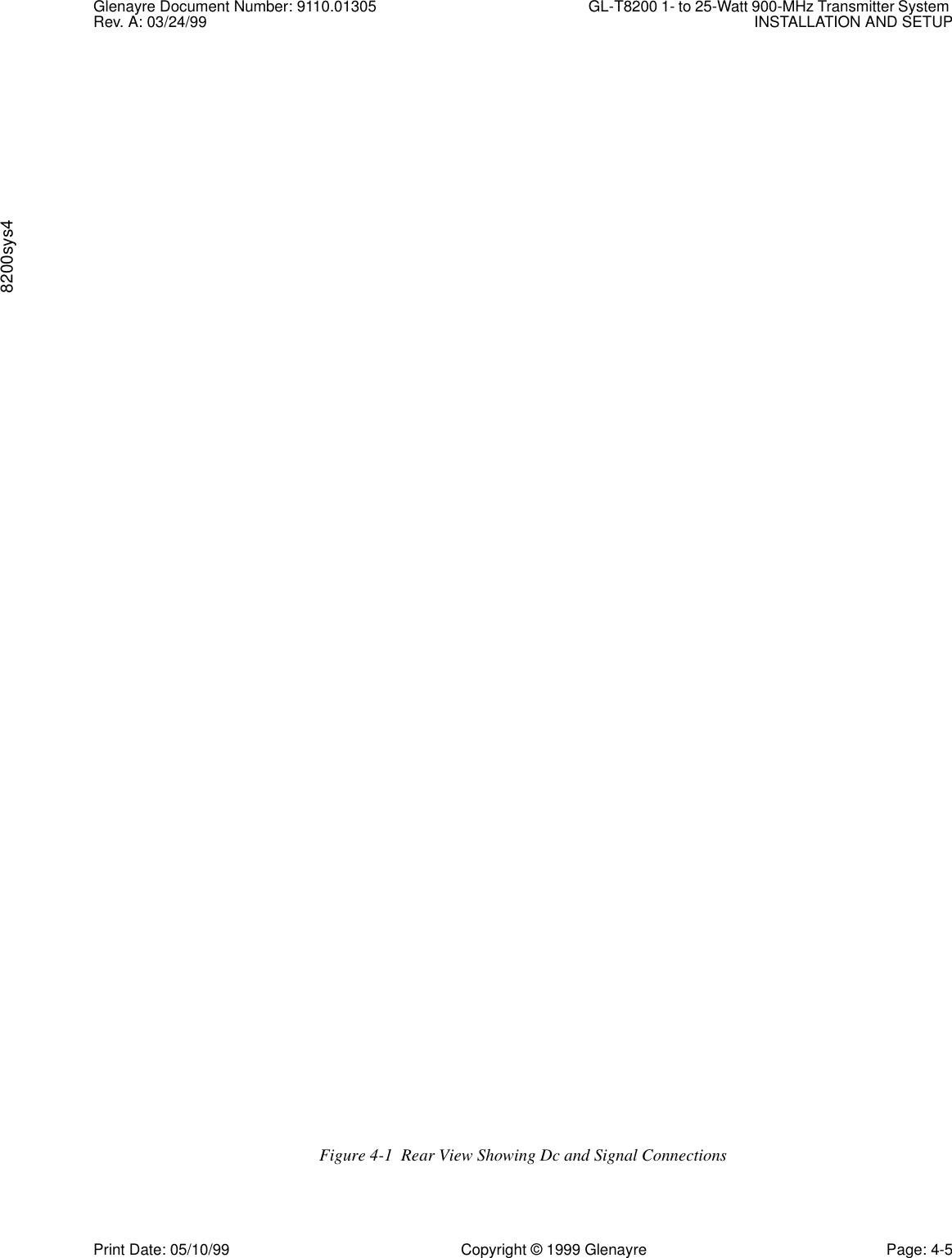 Glenayre Document Number: 9110.01305 GL-T8200 1- to 25-Watt 900-MHz Transmitter System Rev. A: 03/24/99 INSTALLATION AND SETUP8200sys4Print Date: 05/10/99 Copyright © 1999 Glenayre Page: 4-5Figure 4-1  Rear View Showing Dc and Signal Connections