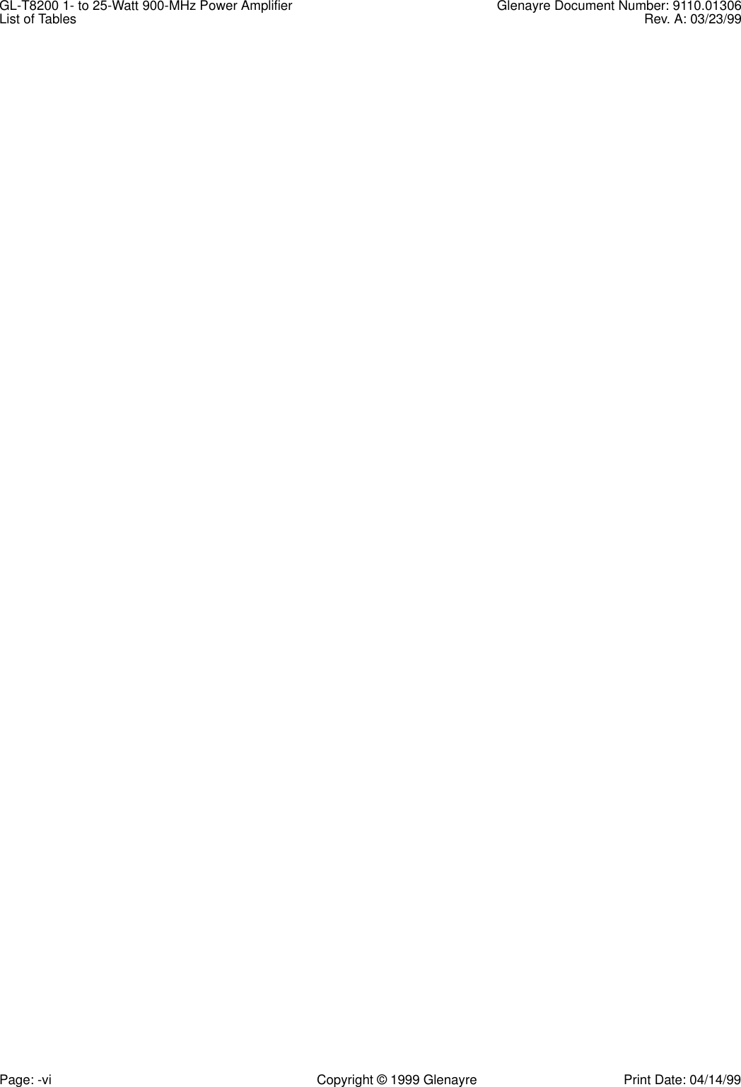 GL-T8200 1- to 25-Watt 900-MHz Power Amplifier Glenayre Document Number: 9110.01306List of Tables Rev. A: 03/23/99Page: -vi Copyright © 1999 Glenayre Print Date: 04/14/99