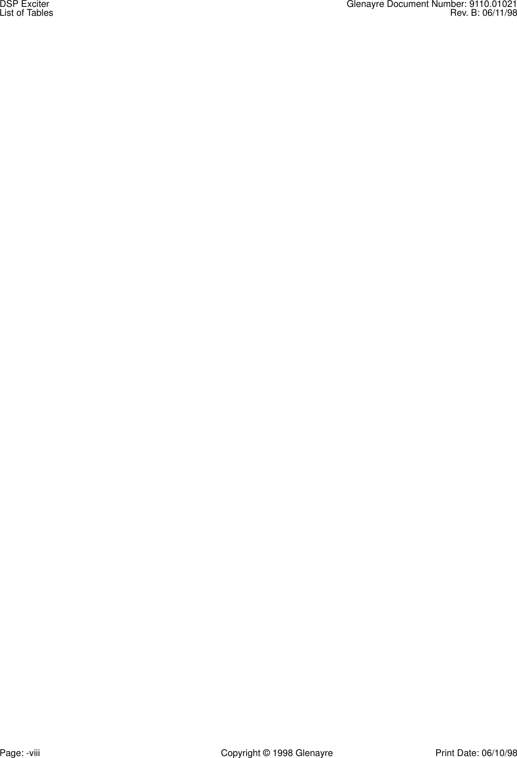 DSP Exciter Glenayre Document Number: 9110.01021List of Tables Rev. B: 06/11/98Page: -viii Copyright © 1998 Glenayre Print Date: 06/10/98