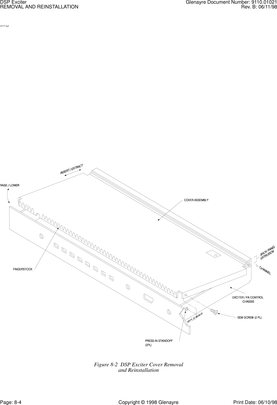 DSP Exciter Glenayre Document Number: 9110.01021REMOVAL AND REINSTALLATION Rev. B: 06/11/98Page: 8-4 Copyright © 1998 Glenayre Print Date: 06/10/98v0171.hglFigure 8-2  DSP Exciter Cover Removal and Reinstallation