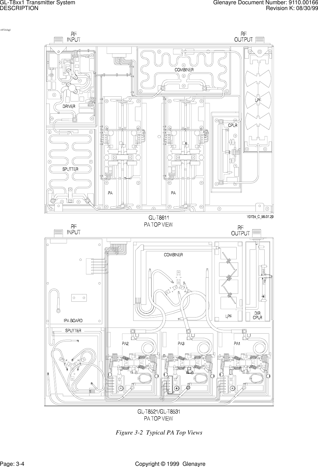 GL-T8xx1 Transmitter System Glenayre Document Number: 9110.00166DESCRIPTION Revision K: 08/30/99Page: 3-4 Copyright © 1999  Glenayre v0724.hglFigure 3-2  Typical PA Top Views