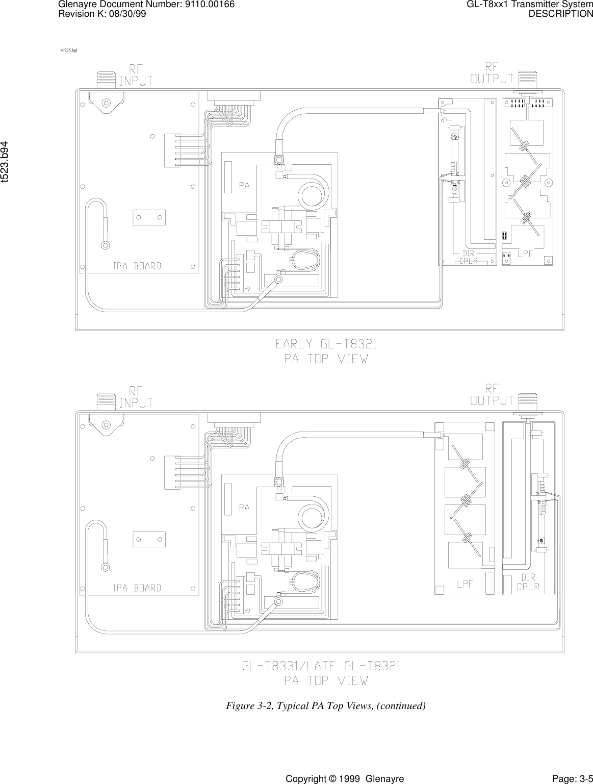 Glenayre Document Number: 9110.00166 GL-T8xx1 Transmitter SystemRevision K: 08/30/99 DESCRIPTIONt523.b94Copyright © 1999  Glenayre Page: 3-5 v0725.hglFigure 3-2, Typical PA Top Views, (continued)
