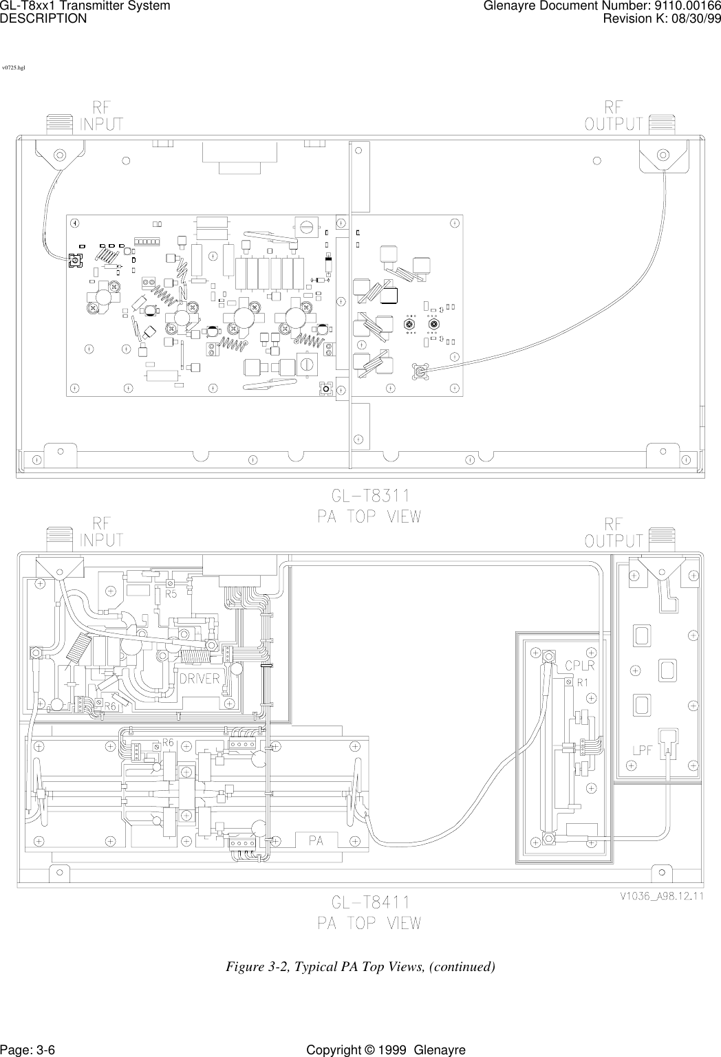 GL-T8xx1 Transmitter System Glenayre Document Number: 9110.00166DESCRIPTION Revision K: 08/30/99Page: 3-6 Copyright © 1999  Glenayre v0725.hglFigure 3-2, Typical PA Top Views, (continued)