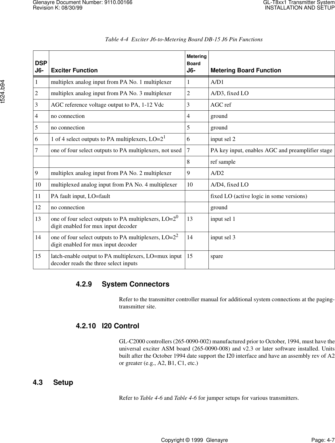 Glenayre Document Number: 9110.00166 GL-T8xx1 Transmitter SystemRevision K: 08/30/99 INSTALLATION AND SETUPt524.b94Copyright © 1999  Glenayre Page: 4-74.2.9 System ConnectorsRefer to the transmitter controller manual for additional system connections at the paging-transmitter site.4.2.10 I20 ControlGL-C2000 controllers (265-0090-002) manufactured prior to October, 1994, must have theuniversal exciter ASM board (265-0090-008) and v2.3 or later software installed. Unitsbuilt after the October 1994 date support the I20 interface and have an assembly rev of A2or greater (e.g., A2, B1, C1, etc.)4.3 SetupRefer to Table 4-6 and Table 4-6 for jumper setups for various transmitters.Table 4-4  Exciter J6-to-Metering Board DB-15 J6 Pin FunctionsDSP J6- Exciter FunctionMetering Board J6- Metering Board Function1 multiplex analog input from PA No. 1 multiplexer 1 A/D12 multiplex analog input from PA No. 3 multiplexer 2 A/D3, fixed LO3 AGC reference voltage output to PA, 1-12 Vdc 3 AGC ref4 no connection 4 ground5 no connection 5 ground6 1 of 4 select outputs to PA multiplexers, LO=216 input sel 27 one of four select outputs to PA multiplexers, not used 7 PA key input, enables AGC and preamplifier stage8ref sample9 multiplex analog input from PA No. 2 multiplexer 9 A/D210 multiplexed analog input from PA No. 4 multiplexer 10 A/D4, fixed LO11 PA fault input, LO=fault fixed LO (active logic in some versions)12 no connection ground13 one of four select outputs to PA multiplexers, LO=20 digit enabled for mux input decoder 13 input sel 114 one of four select outputs to PA multiplexers, LO=22 digit enabled for mux input decoder 14 input sel 315 latch-enable output to PA multiplexers, LO=mux input decoder reads the three select inputs 15 spare